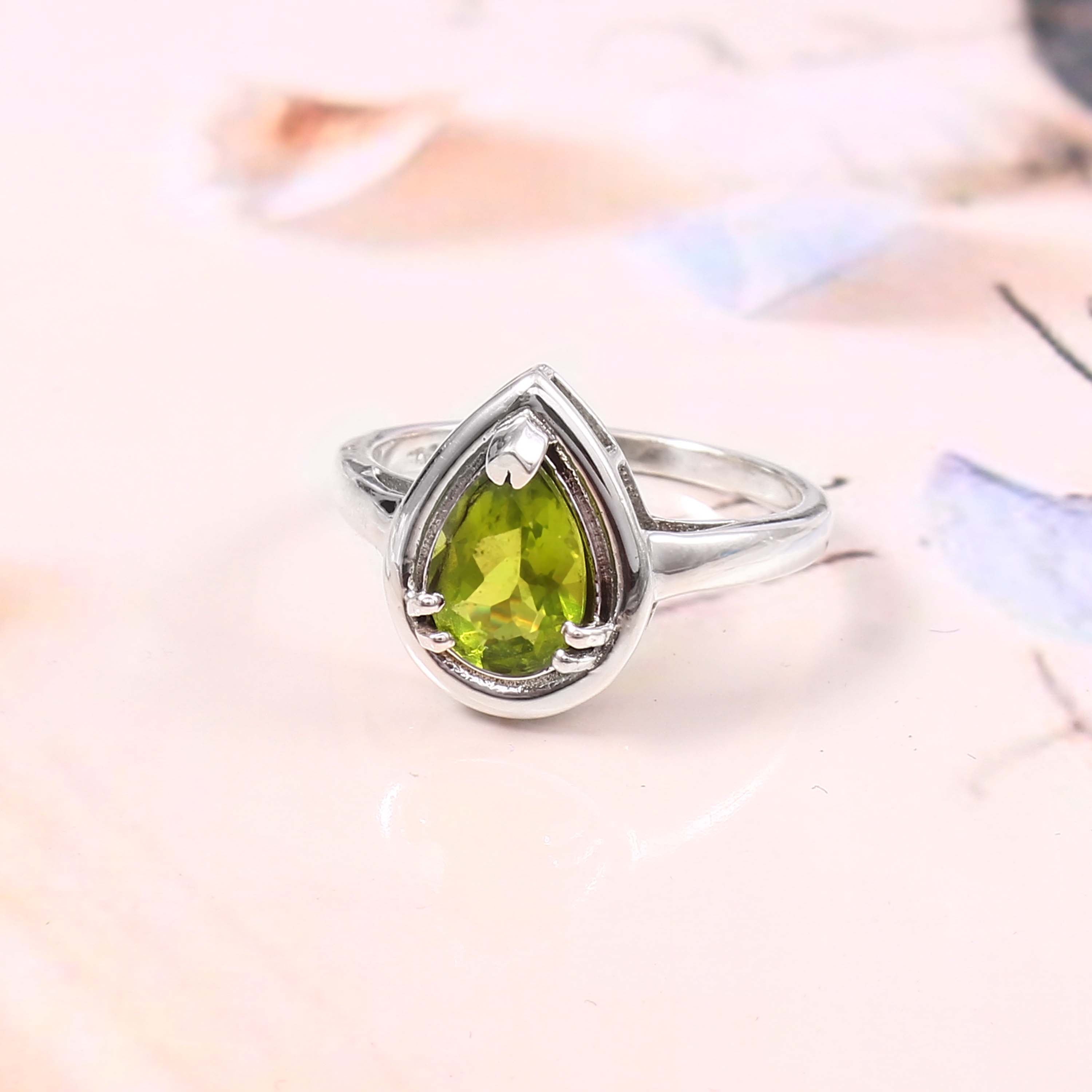 Natural Green Peridot Prong Set Gemstone Ring