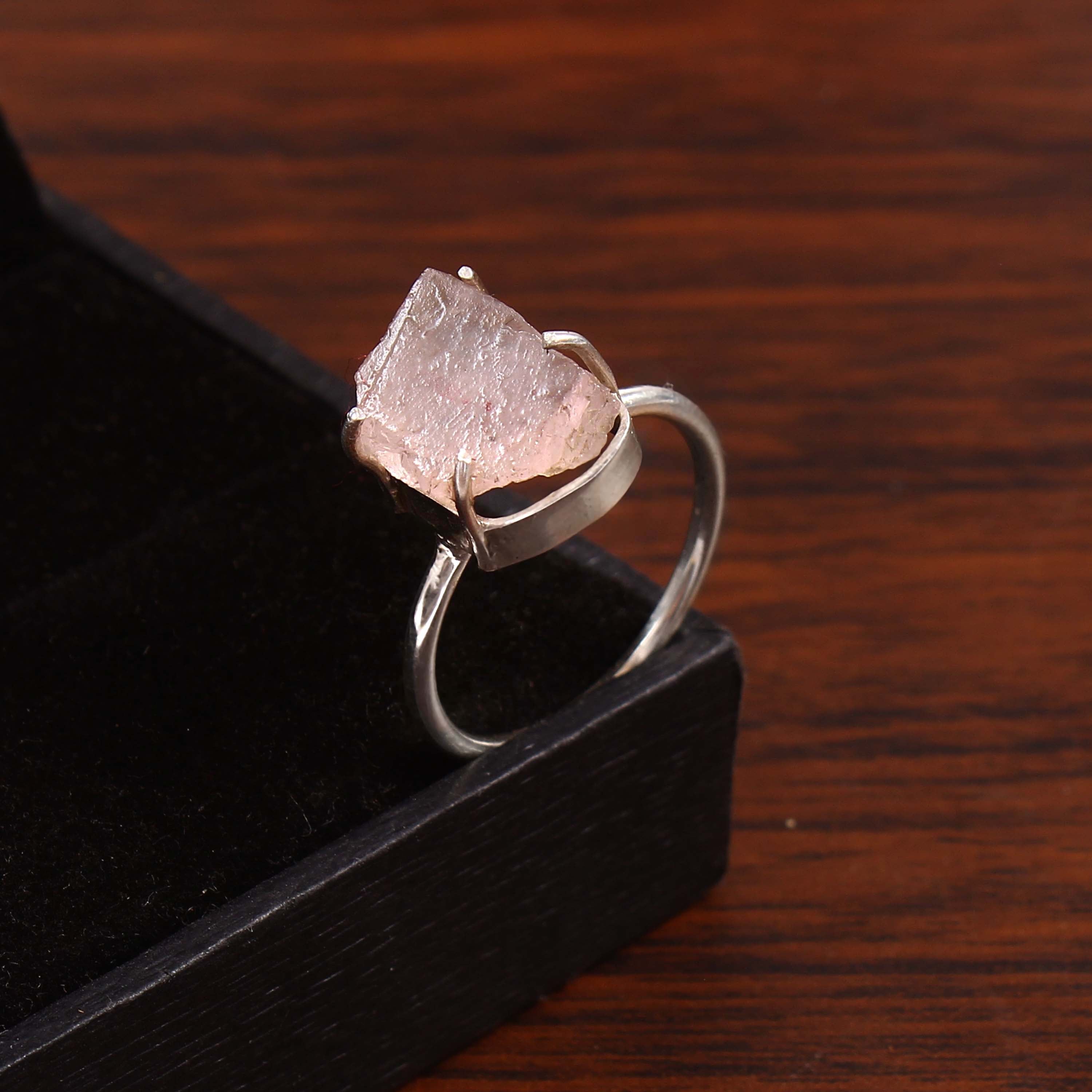 Natural Rose Quartz Free Size Rough Gemstone Ring
