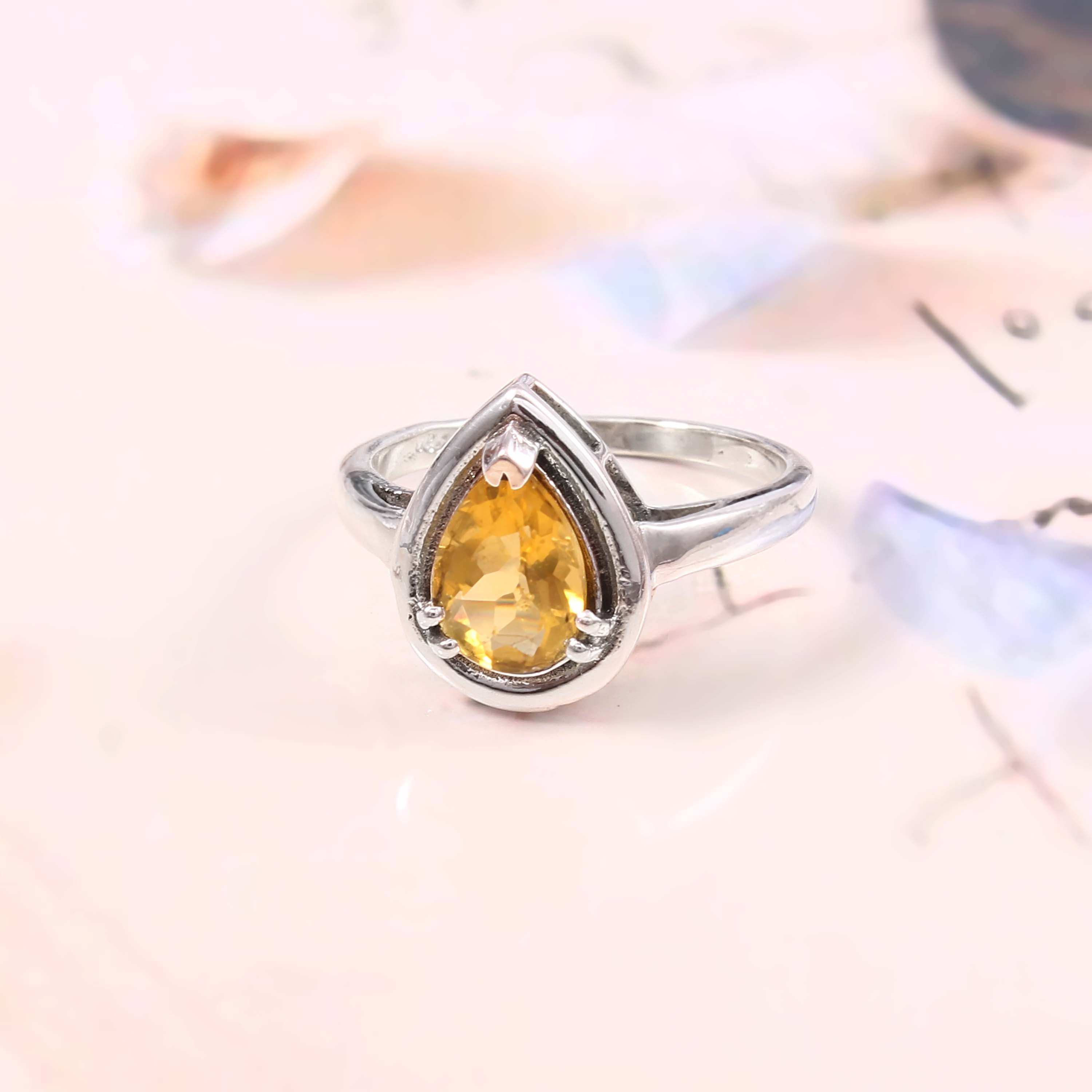 Natural Yellow Citrine Prong Set Gemstone Ring