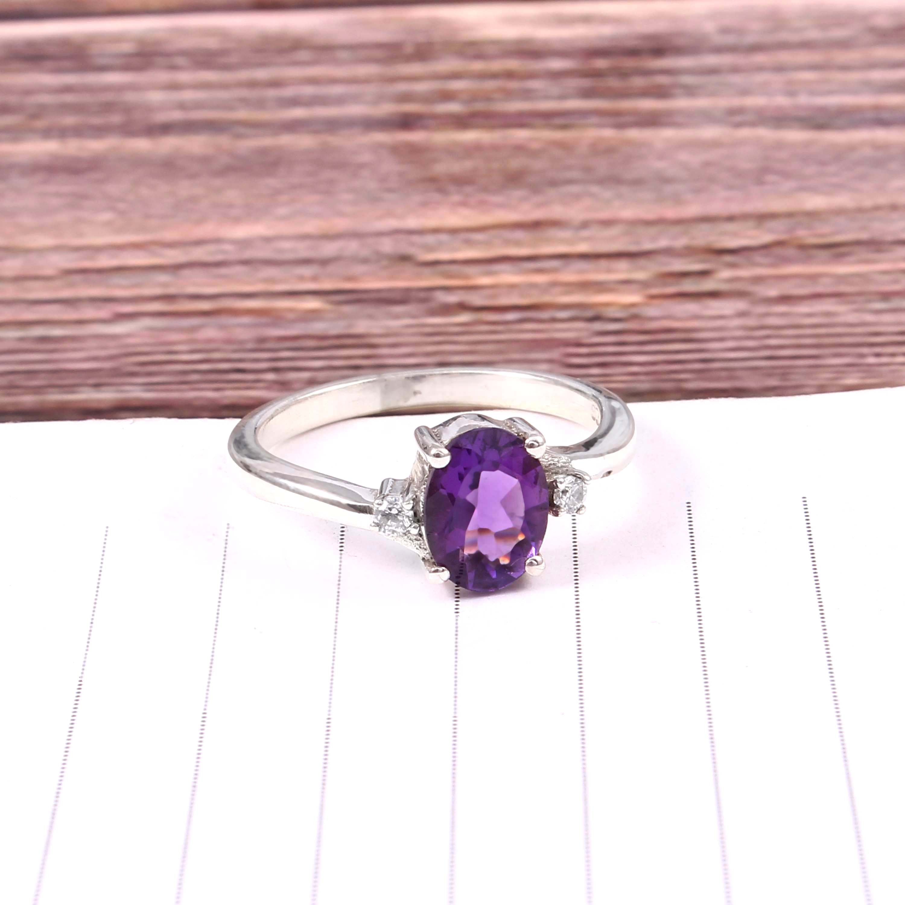 Natural Purple Amethyst Prong Set Gemstone Ring