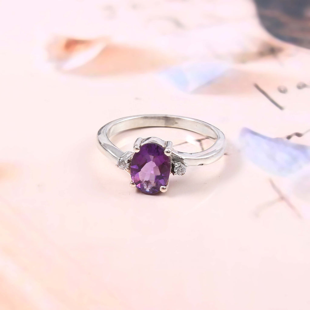 Natural Purple Amethyst Prong Set Gemstone Ring