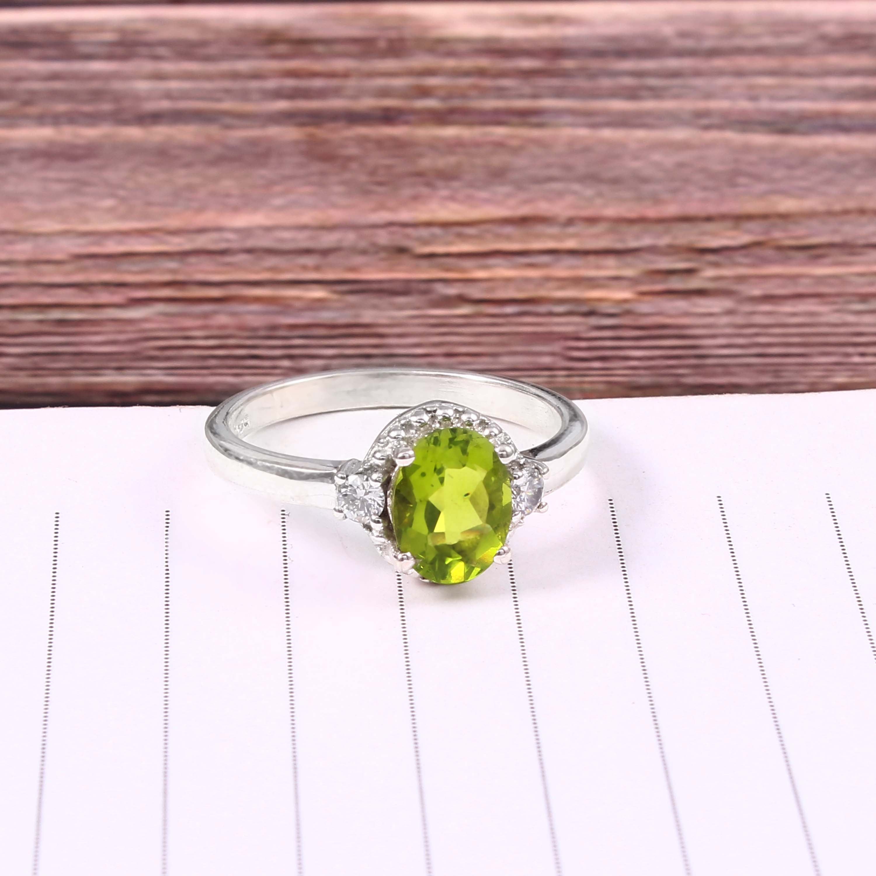 Natural Green Peridot Prong Set Gemstone Ring