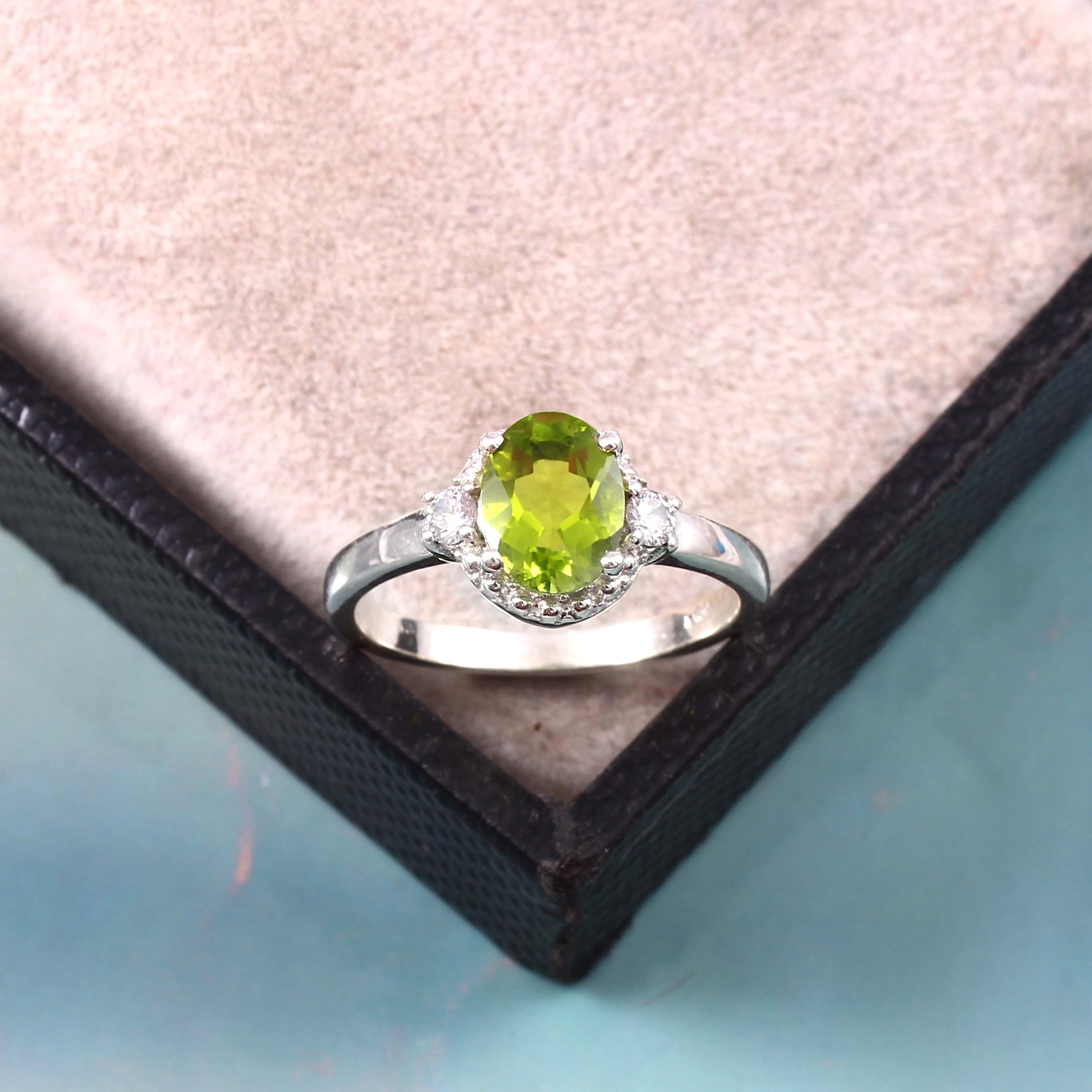 Natural Green Peridot Prong Set Gemstone Ring