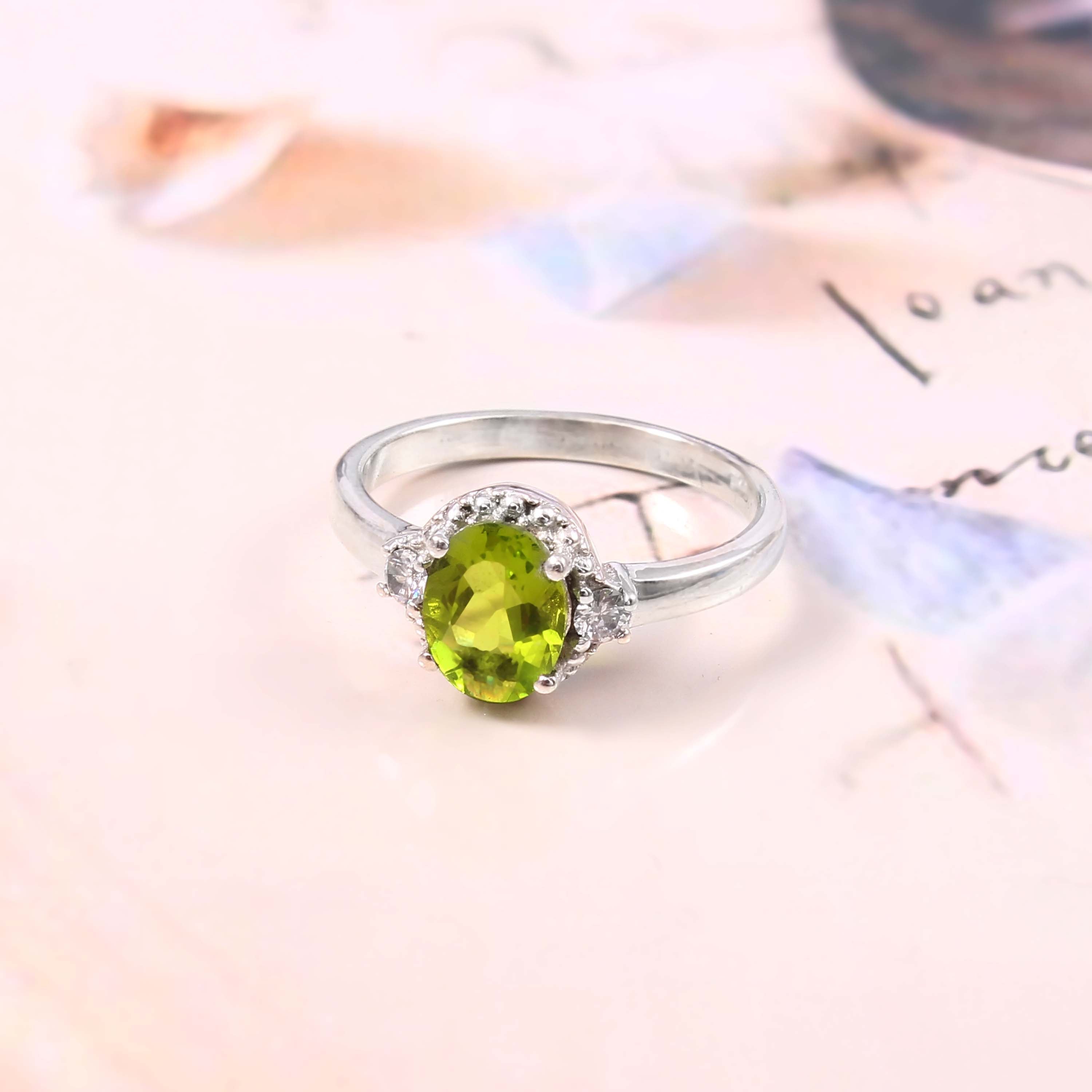Natural Green Peridot Prong Set Gemstone Ring