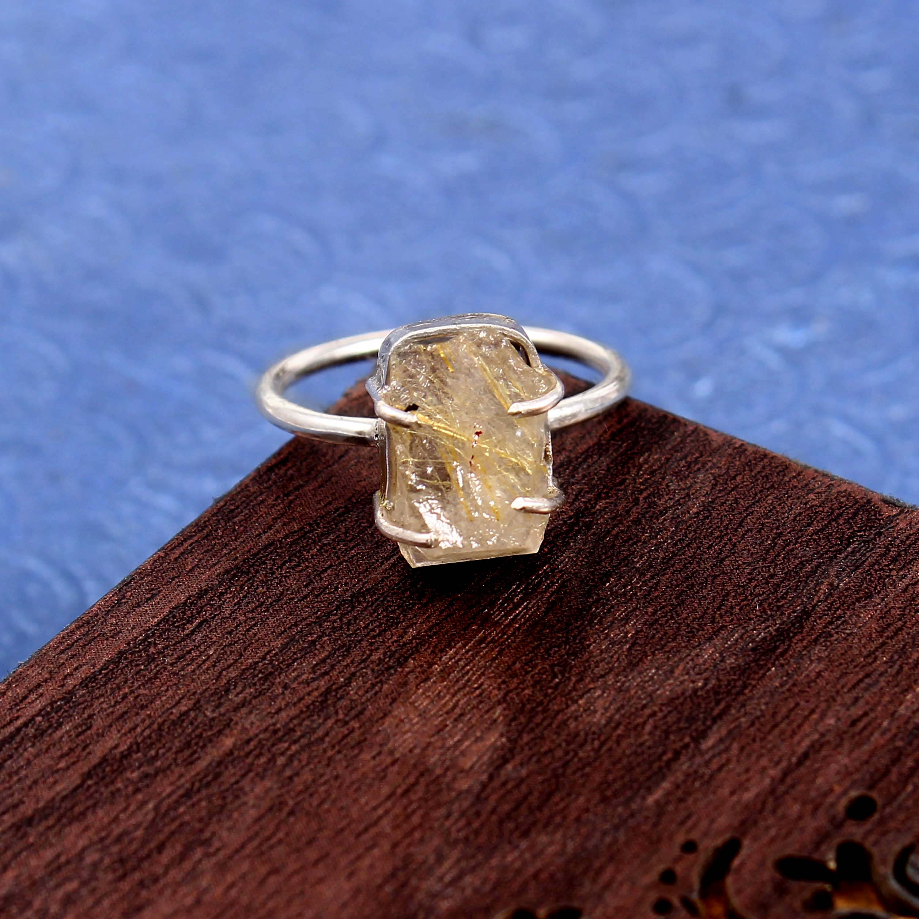 Natural Yellow Rutile Quartz Free Size Rough Gemstone Ring