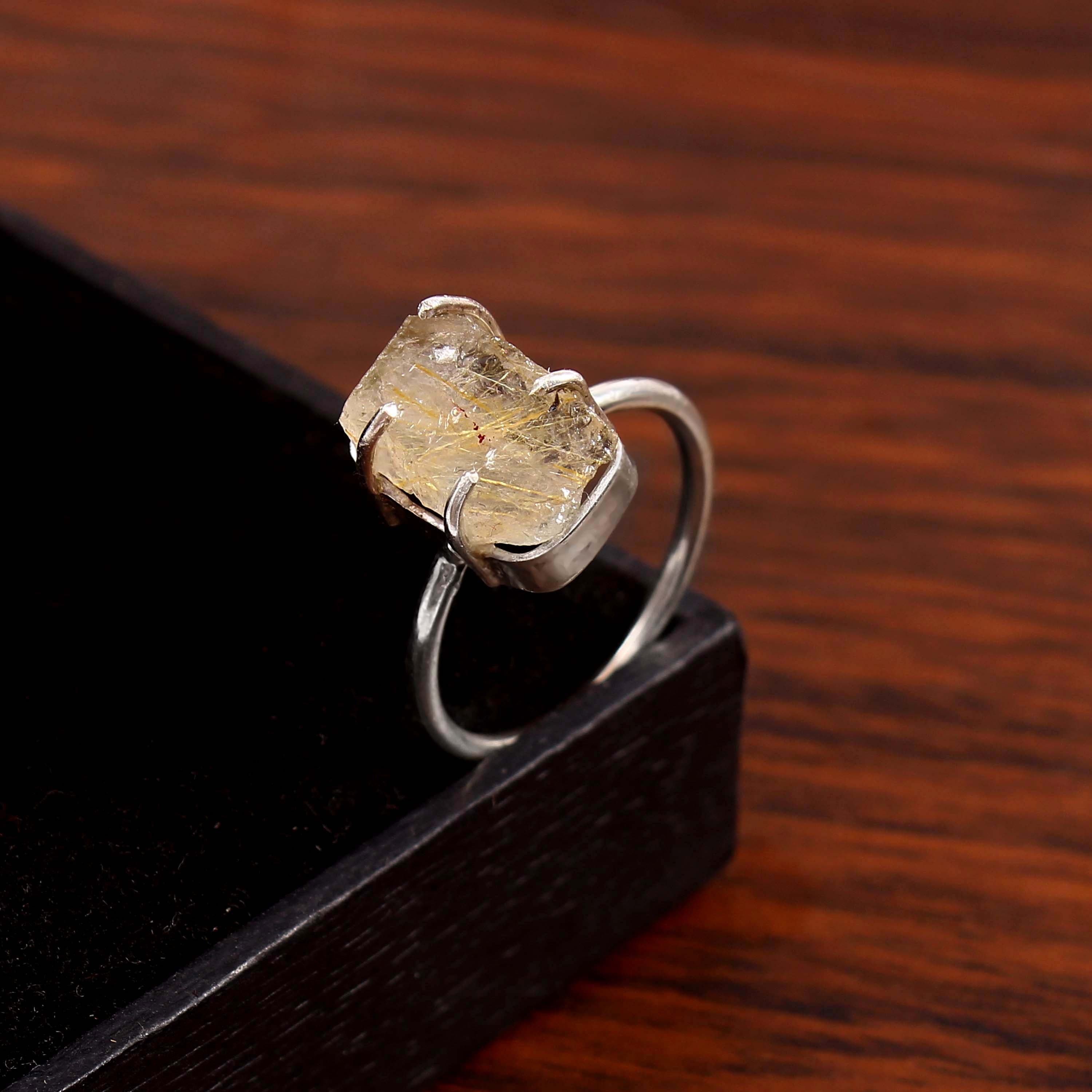 Natural Yellow Rutile Quartz Free Size Rough Gemstone Ring