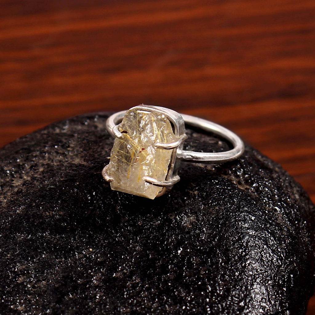Natural Yellow Rutile Quartz Free Size Rough Gemstone Ring