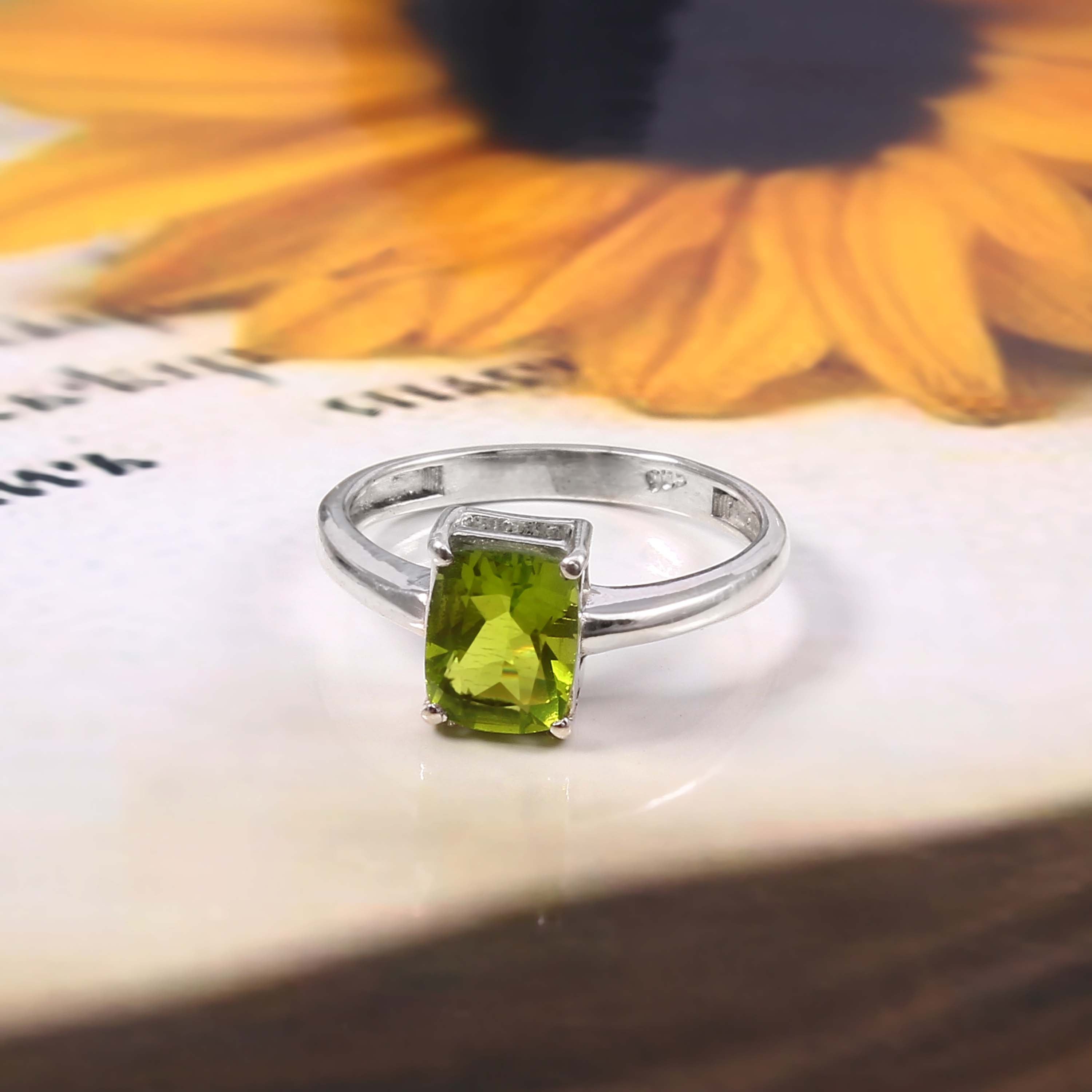Natural Green Peridot Prong Set Gemstone Ring