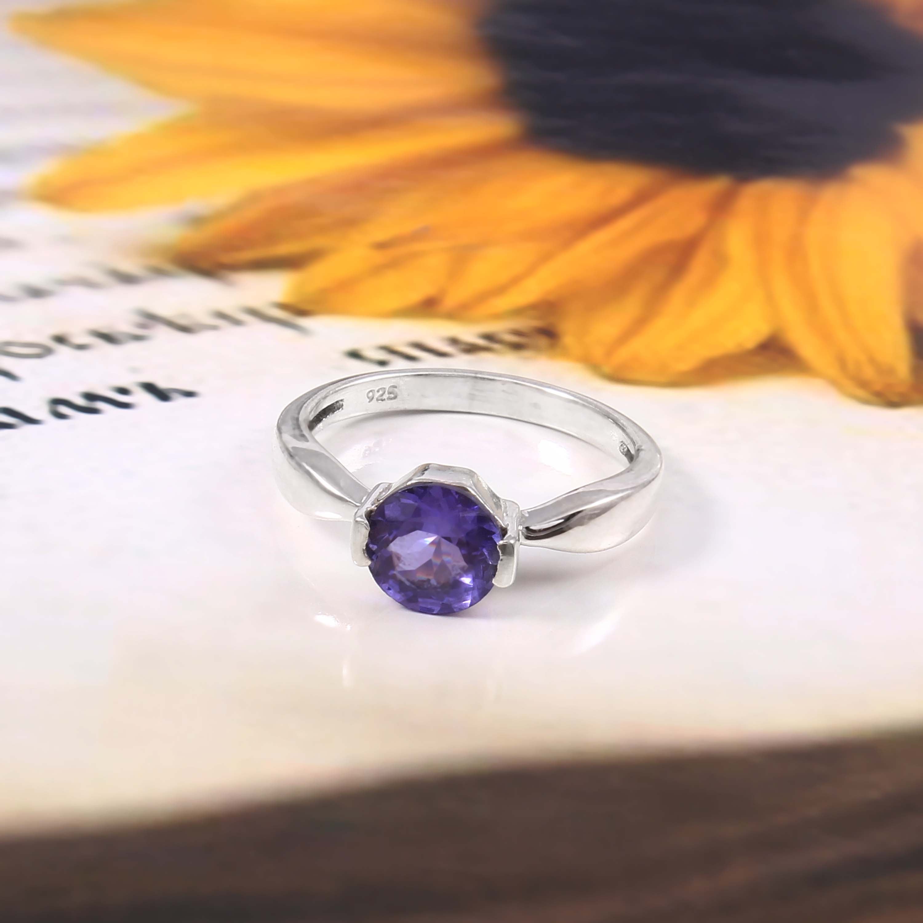 Natural Purple Amethyst Prong Set Gemstone Ring