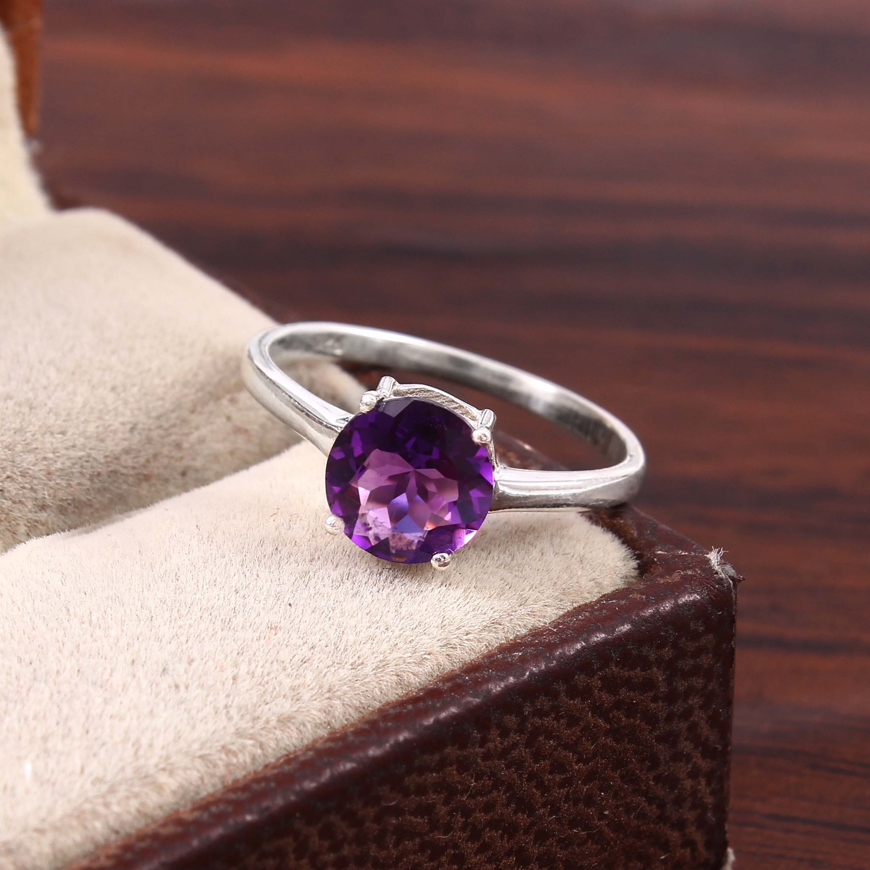 Natural Purple Amethyst Prong Set Gemstone Ring
