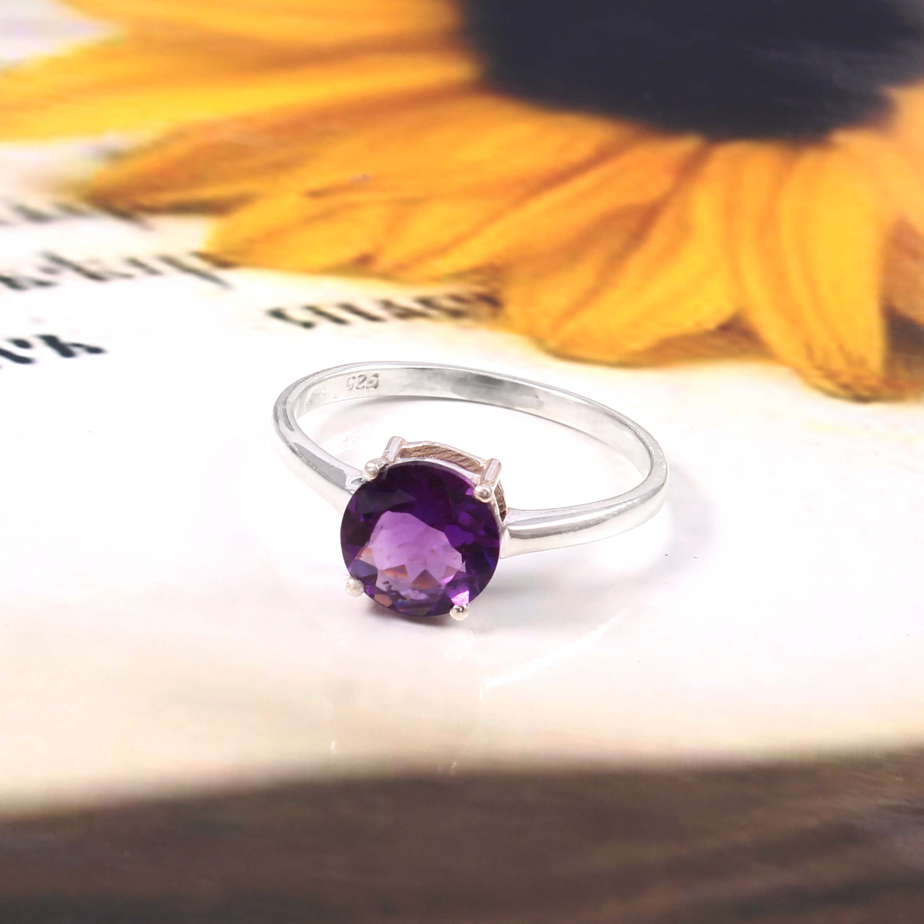 Natural Purple Amethyst Prong Set Gemstone Ring