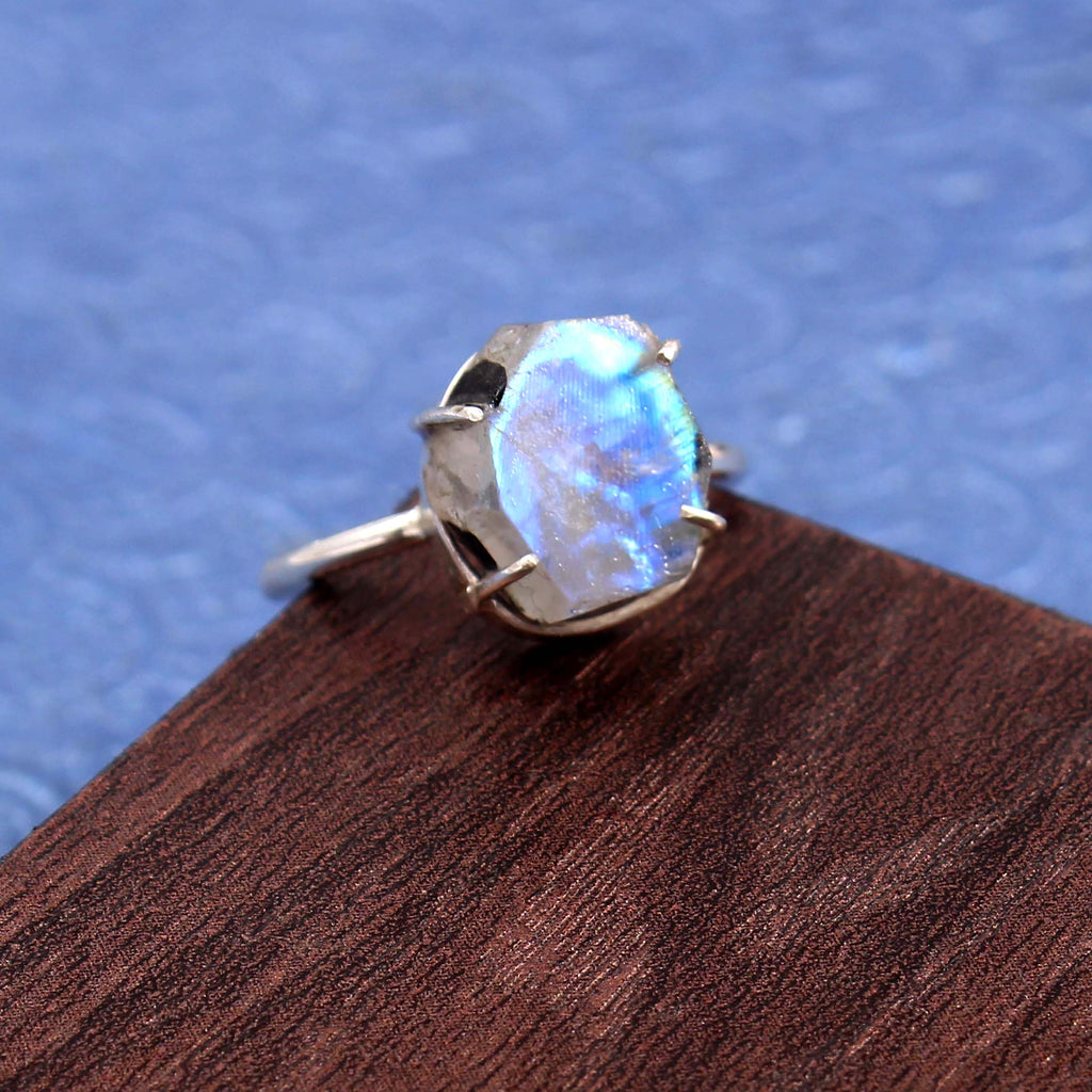 Natural Rainbow Moonstone Free Size Rough Gemstone Ring