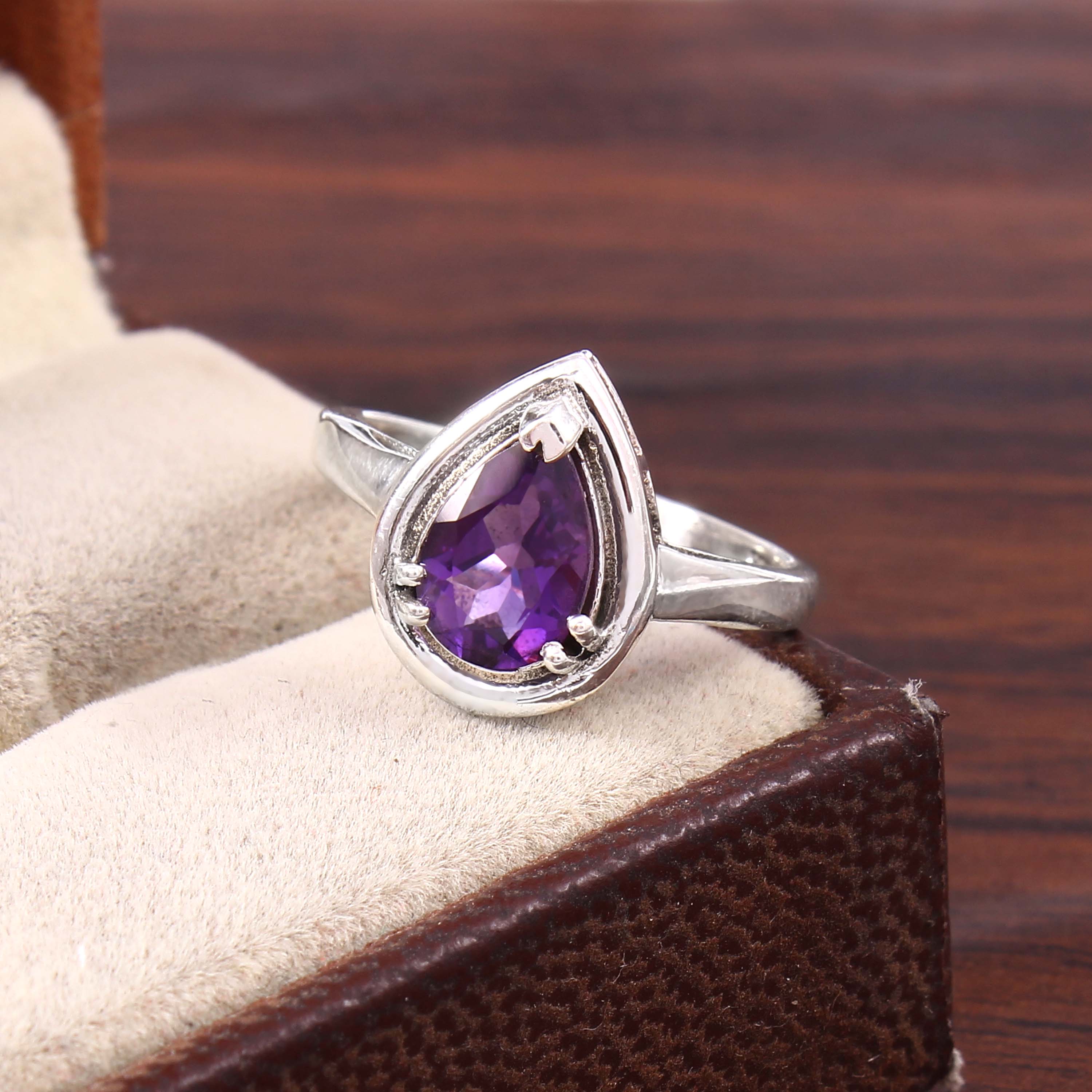 Natural Purple Amethyst Prong Set Gemstone Ring