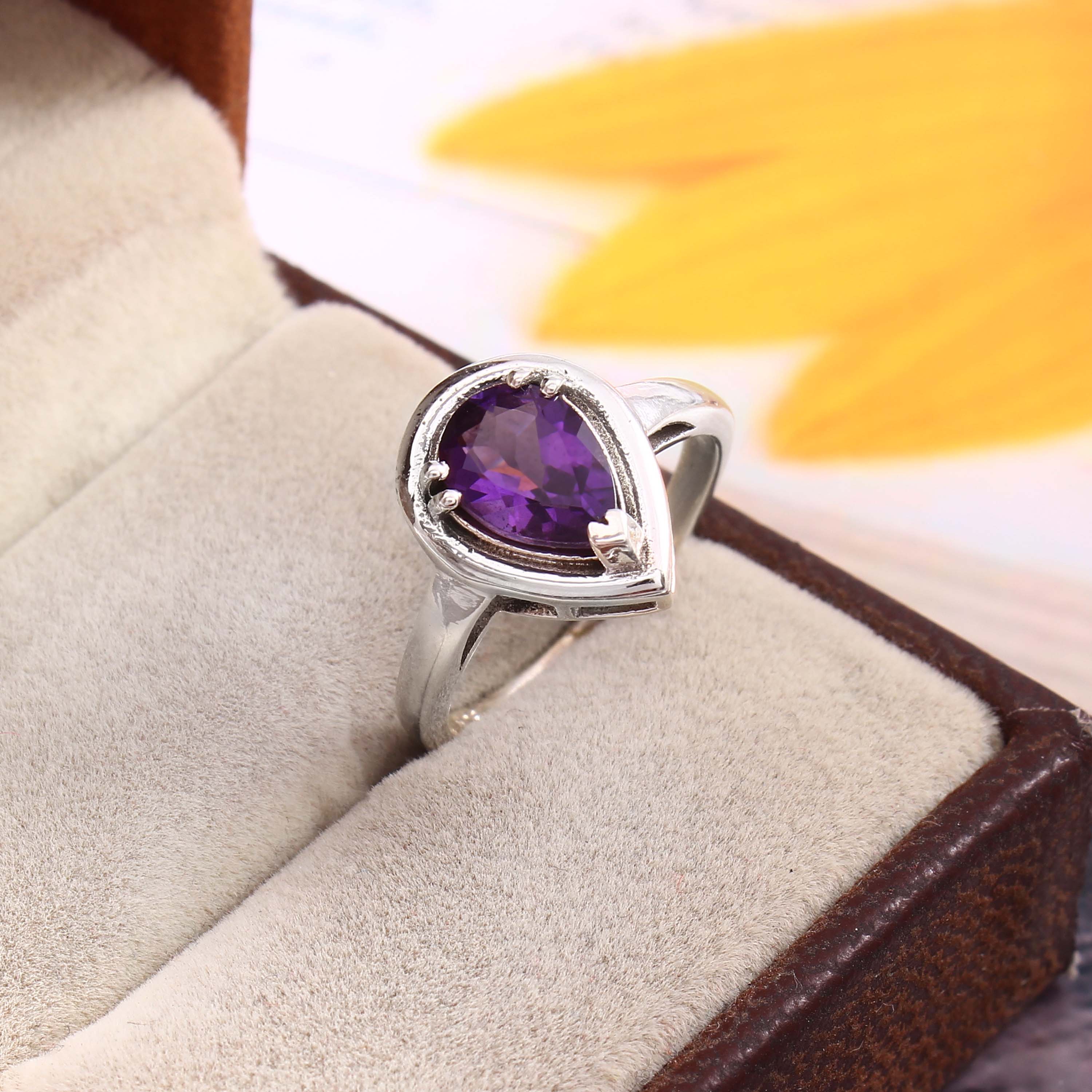 Natural Purple Amethyst Prong Set Gemstone Ring