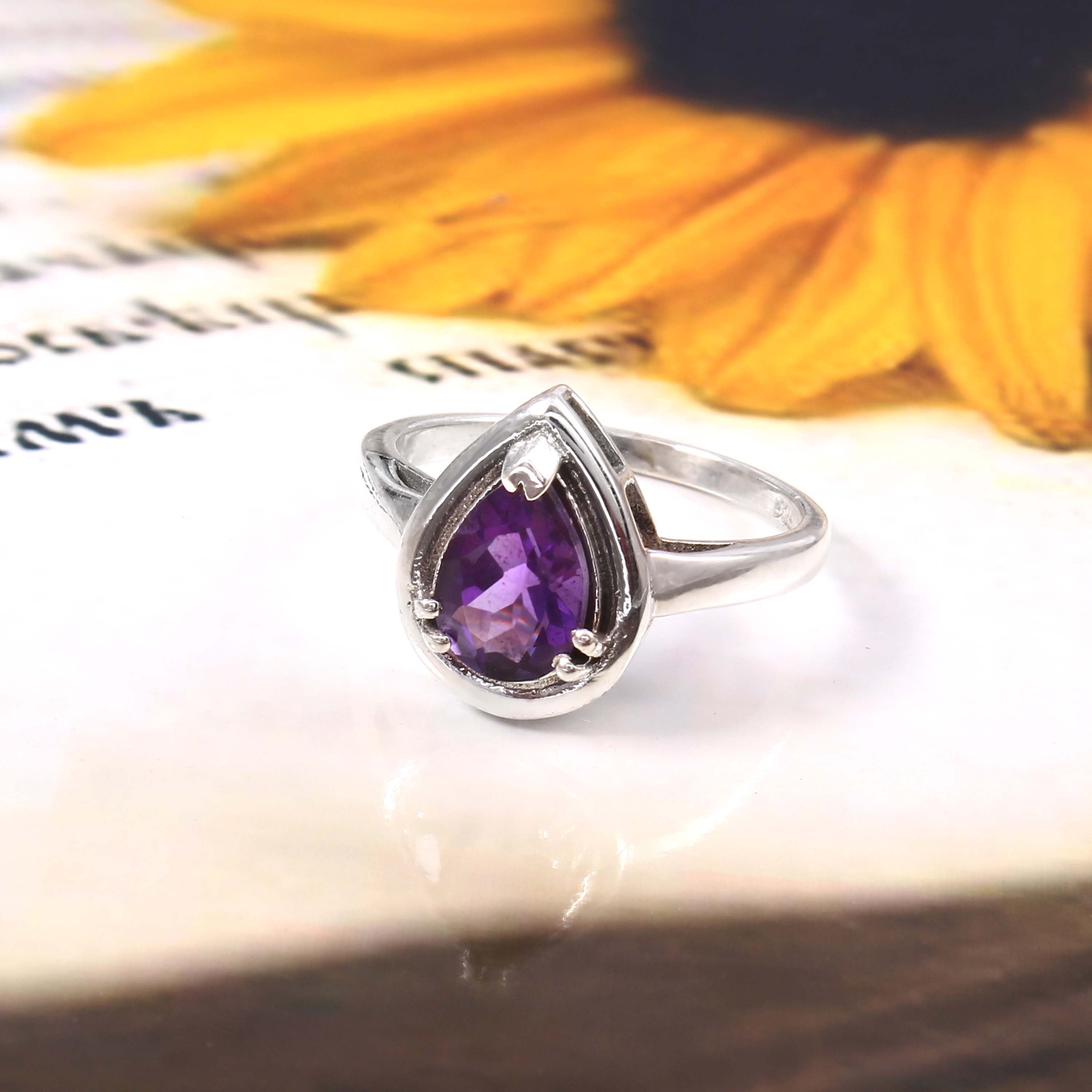Natural Purple Amethyst Prong Set Gemstone Ring