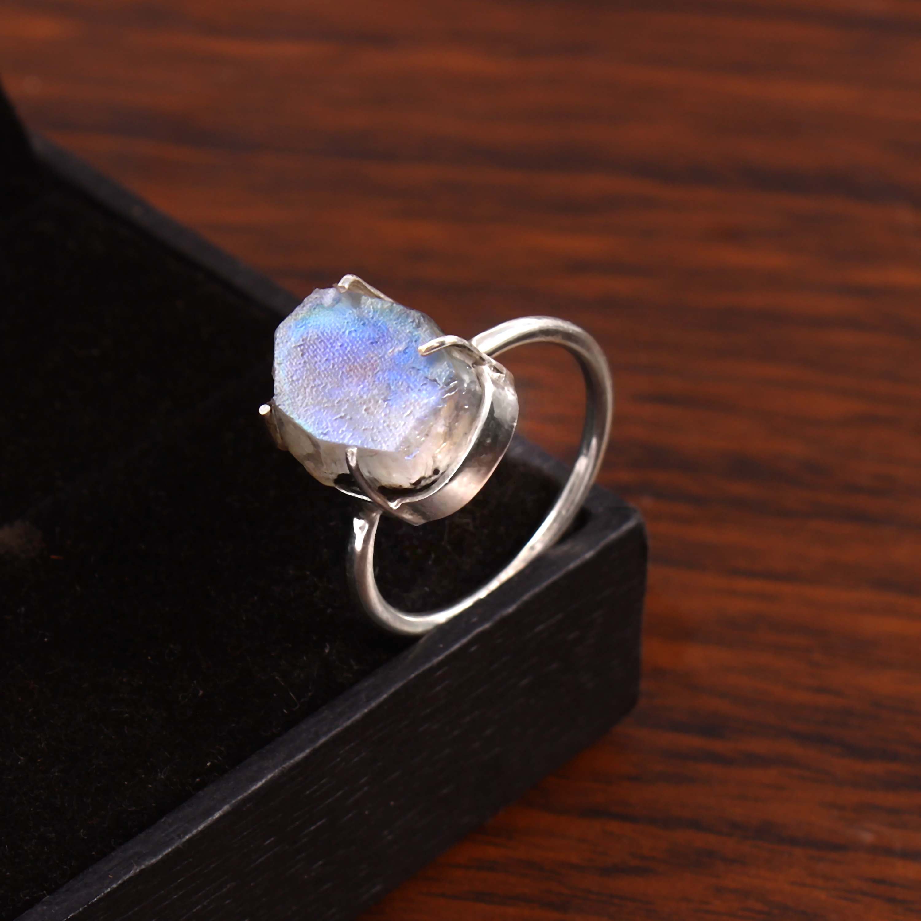 Natural Rainbow Moonstone Free Size Rough Gemstone Ring