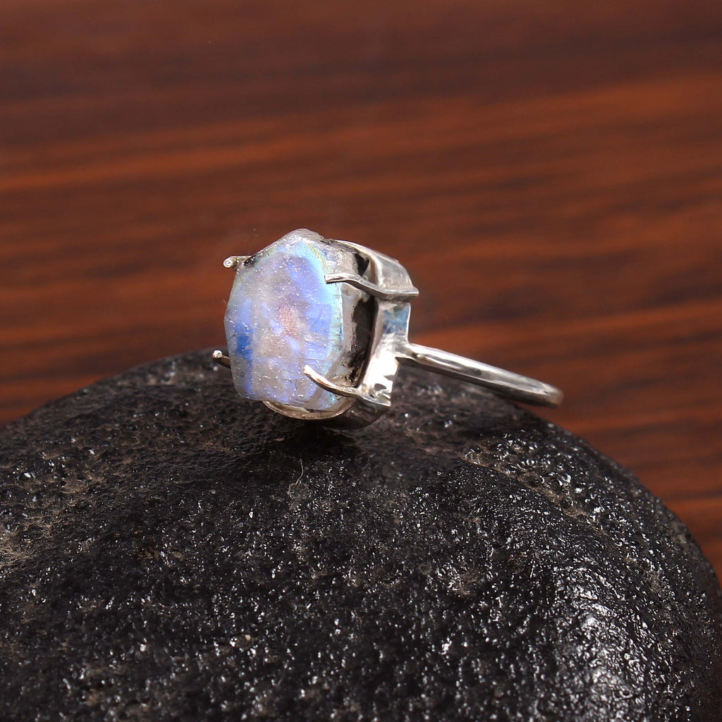 Natural Rainbow Moonstone Free Size Rough Gemstone Ring