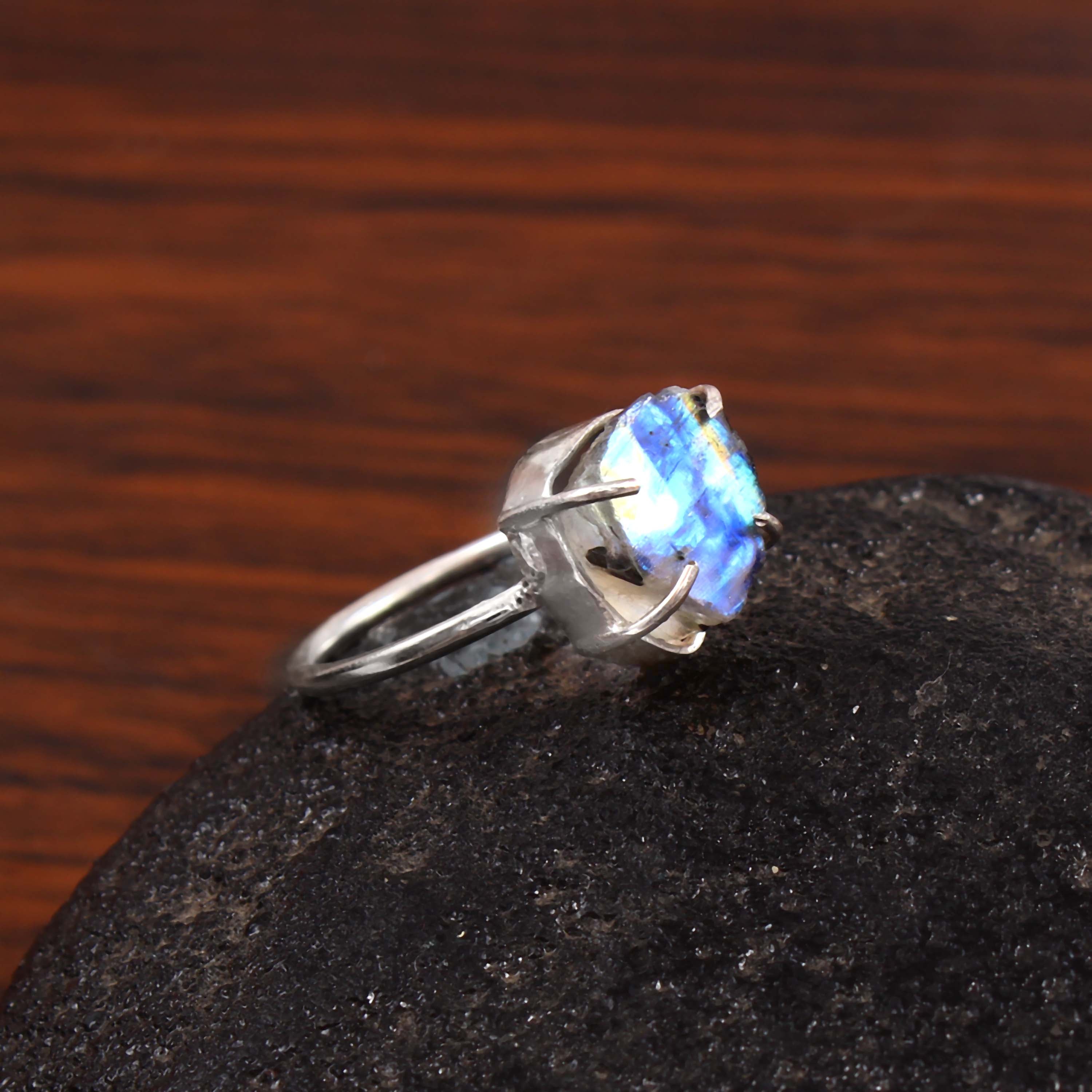 Natural Rainbow Moonstone Free Size Rough Gemstone Ring