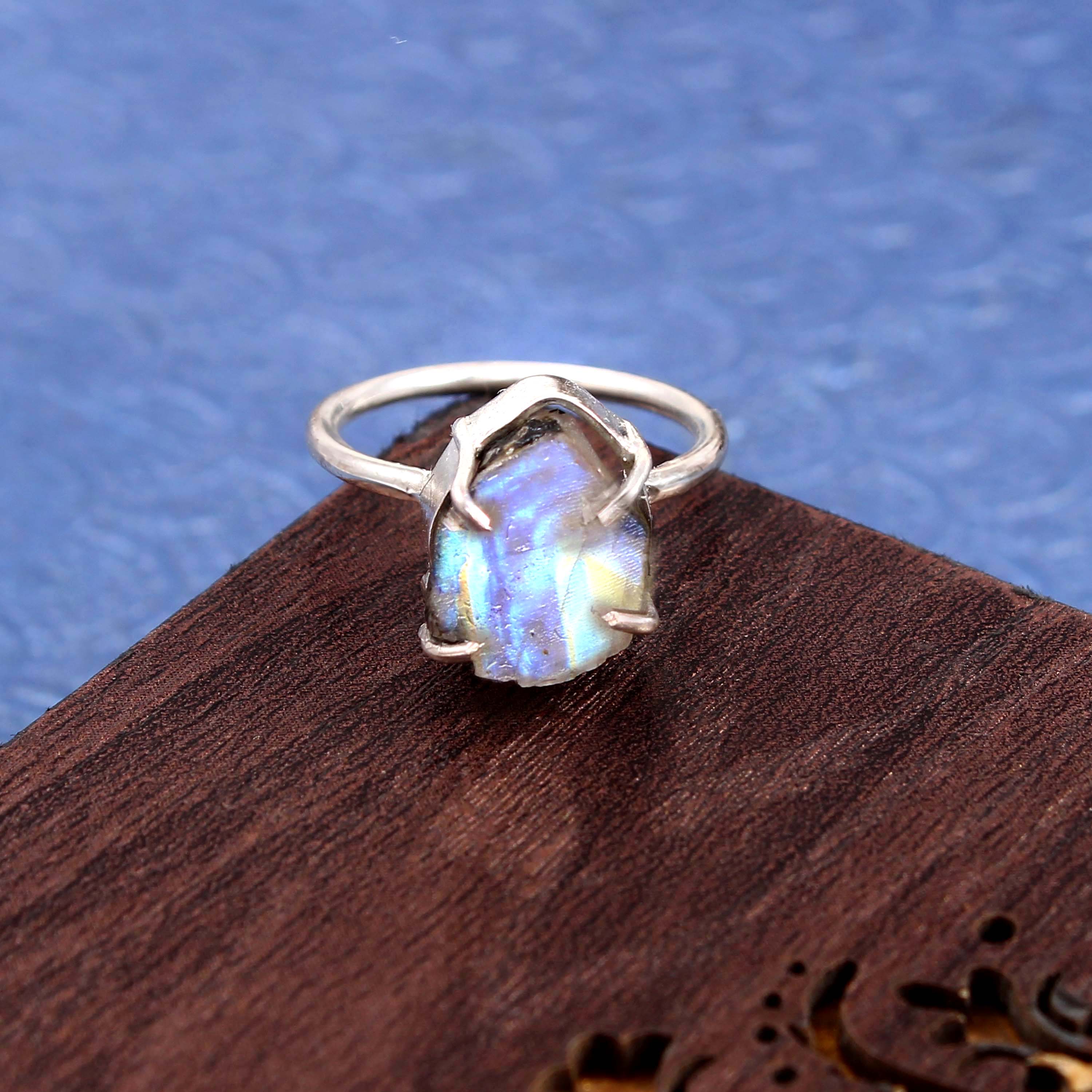 Natural Rainbow Moonstone Free Size Rough Gemstone Ring