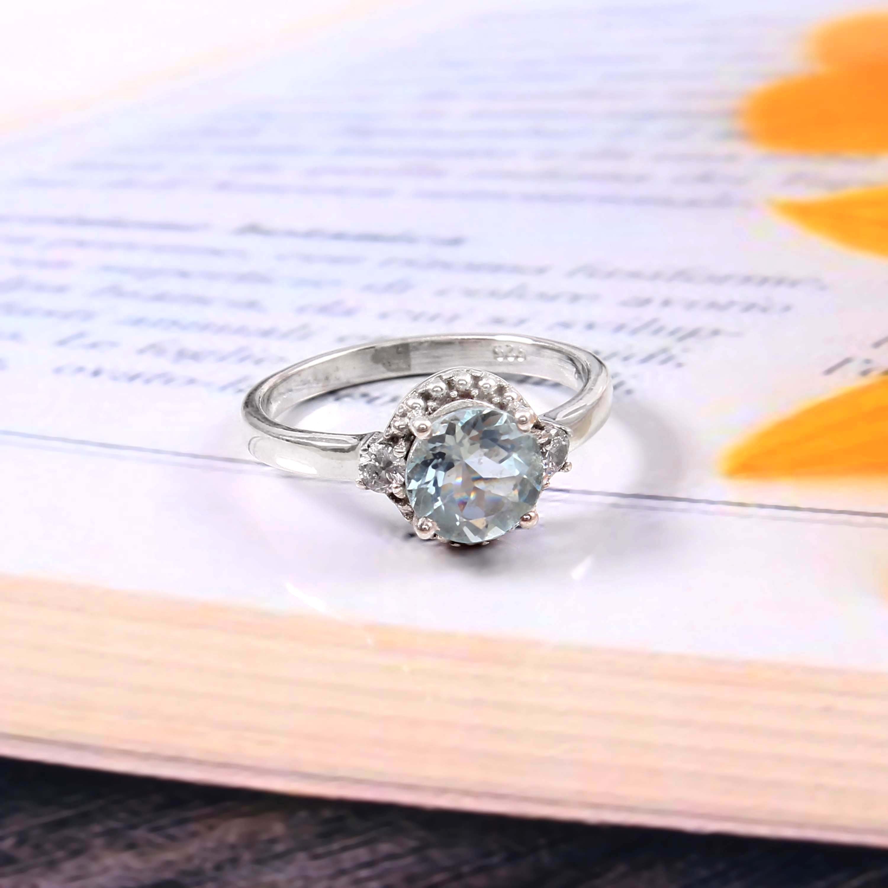 Natural Sky Blue Aquamarine Prong Set Gemstone Ring