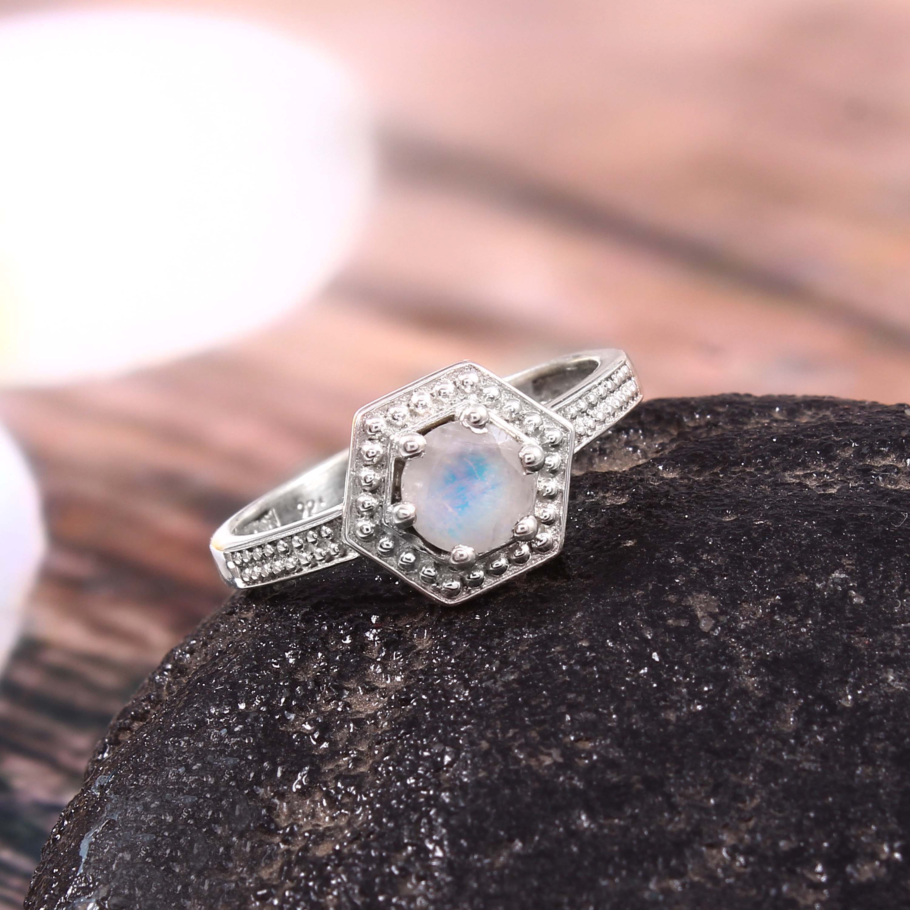 Natural Rainbow Moonstone Round Cut Prong Set Gemstone Ring