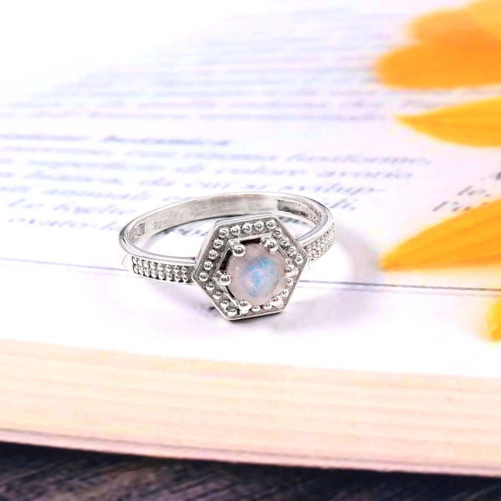 Natural Rainbow Moonstone Round Cut Prong Set Gemstone Ring