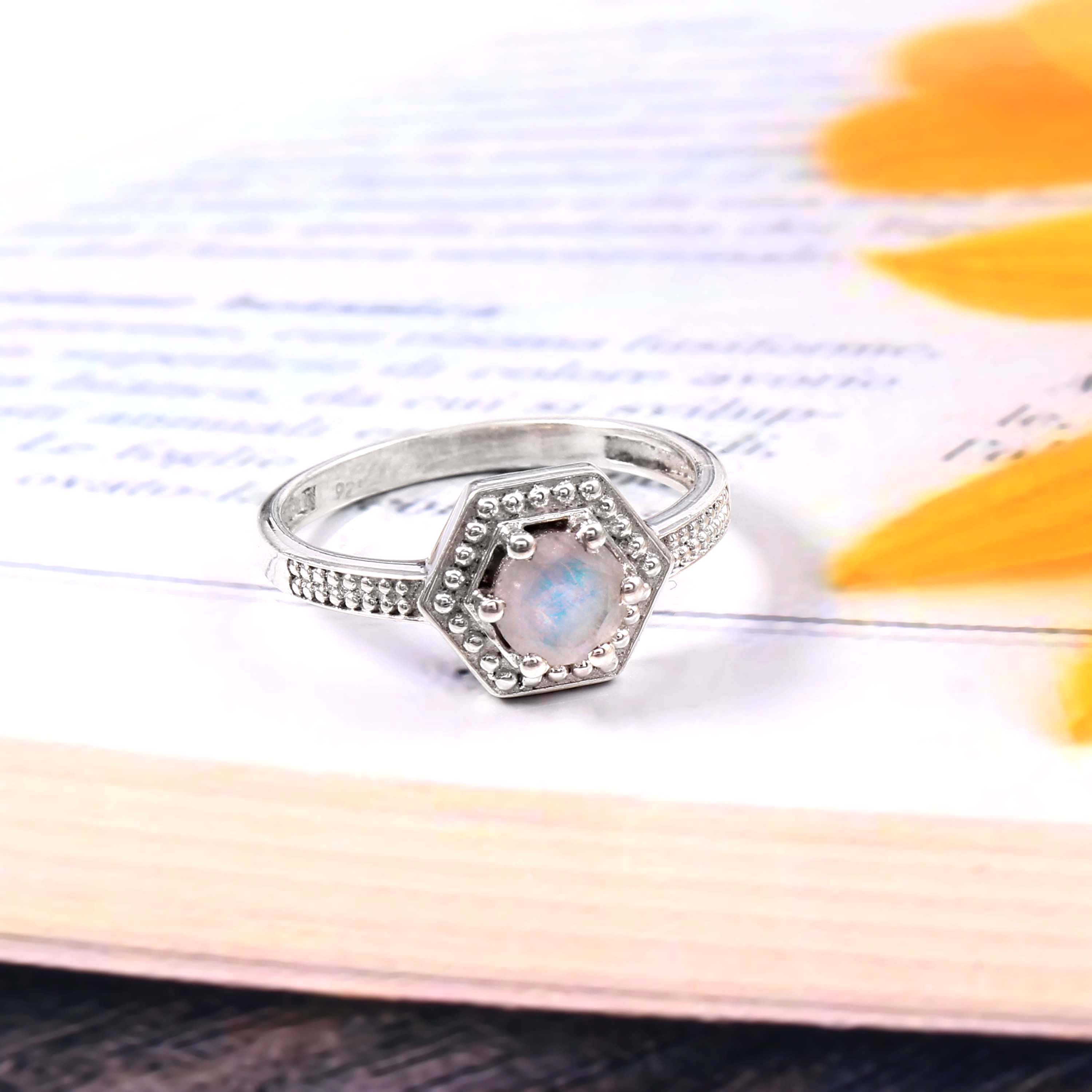 Natural Rainbow Moonstone Round Cut Prong Set Gemstone Ring