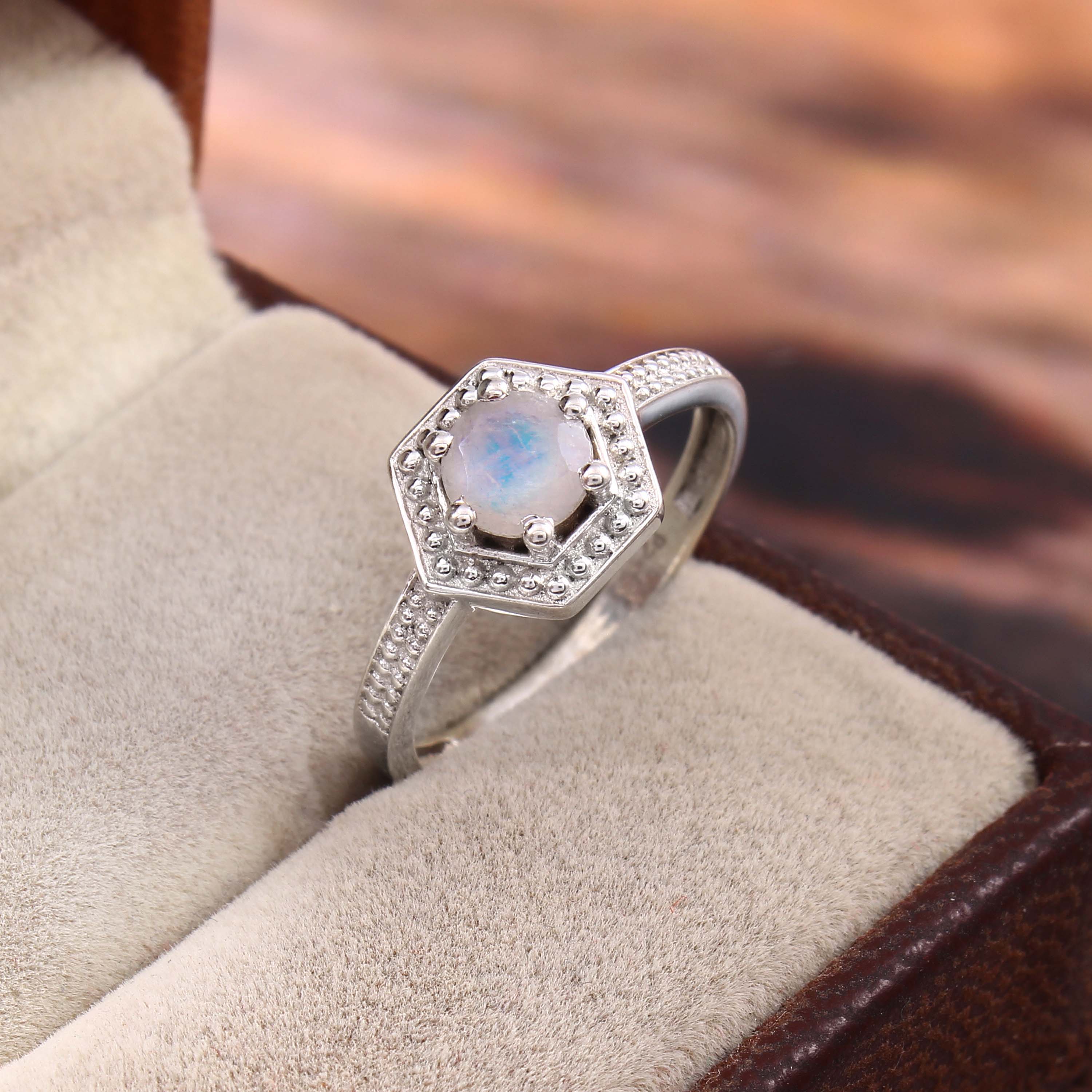 Natural Rainbow Moonstone Round Cut Prong Set Gemstone Ring