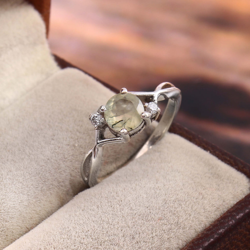 Natural Green Rutile Quartz Prong Set Gemstone Ring