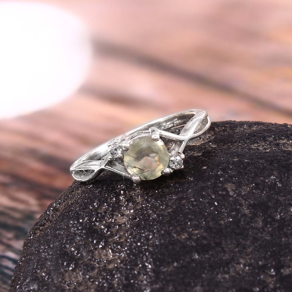 Natural Green Rutile Quartz Prong Set Gemstone Ring