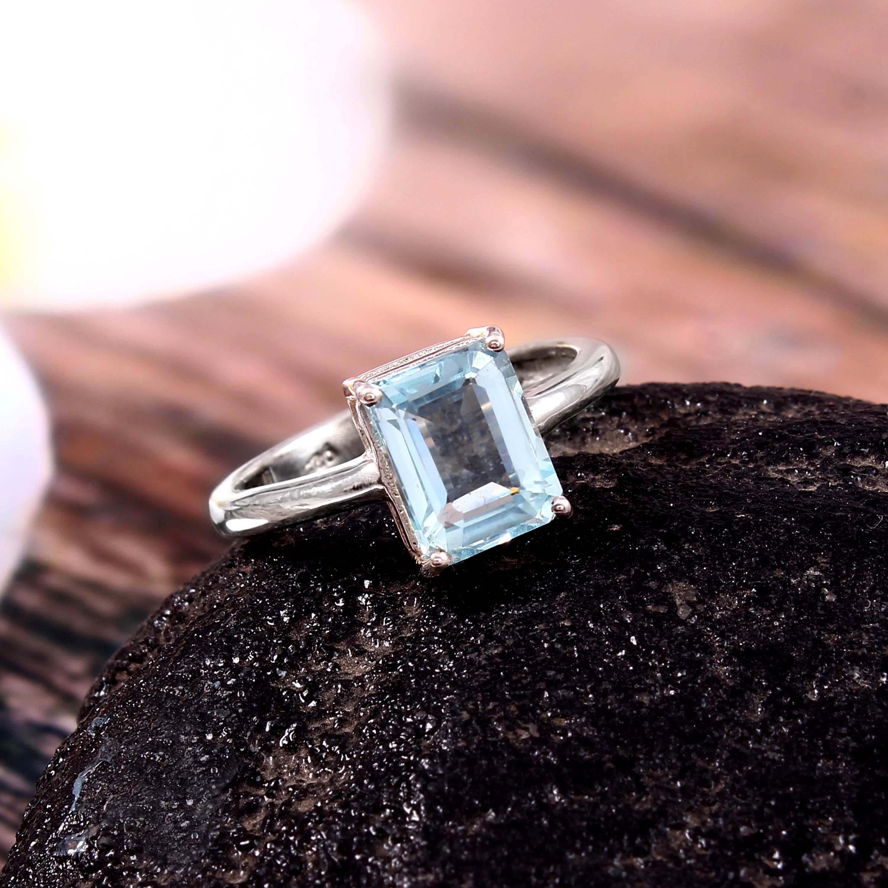 Natural Blue Aquamarine Prong Set Gemstone Ring