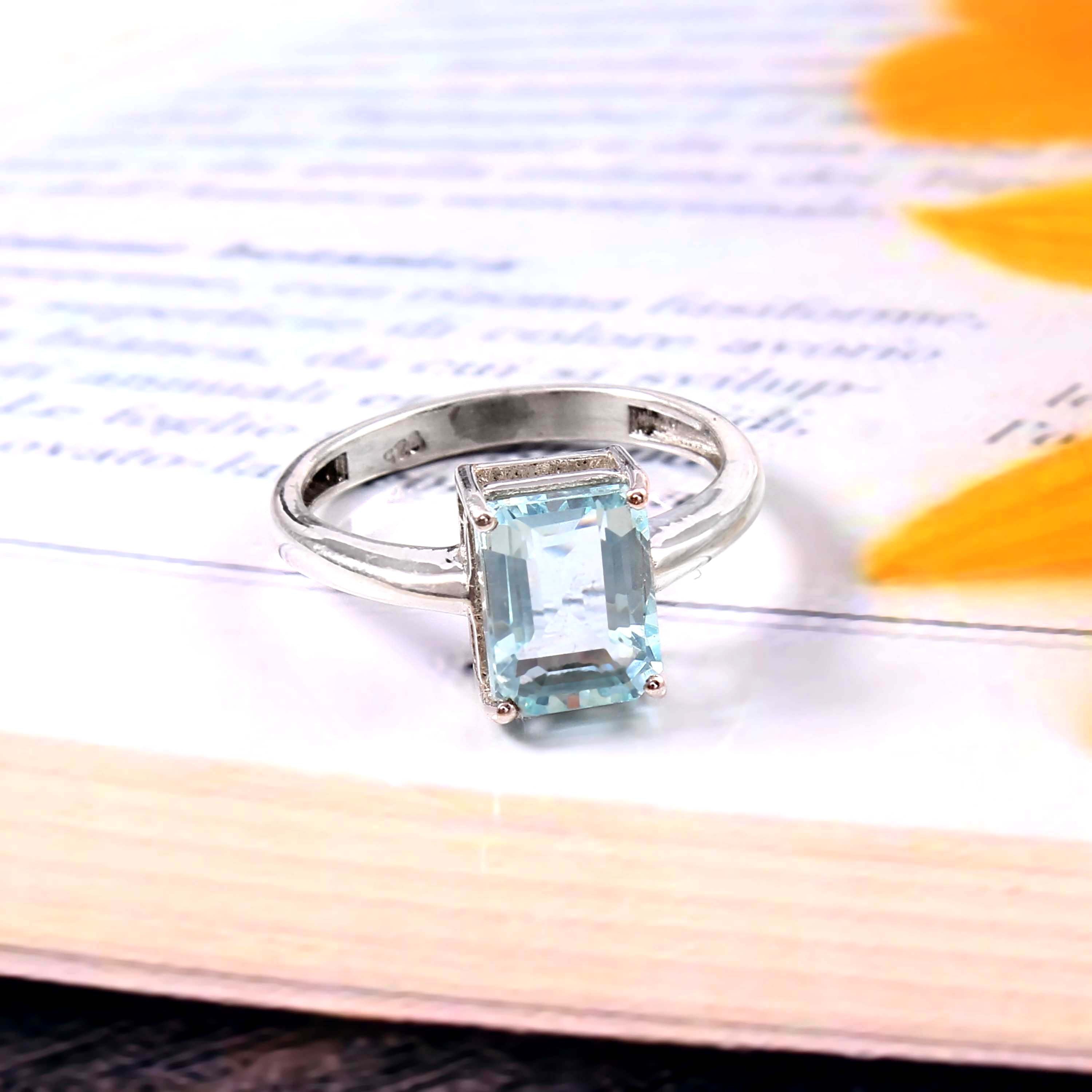 Natural Blue Aquamarine Prong Set Gemstone Ring