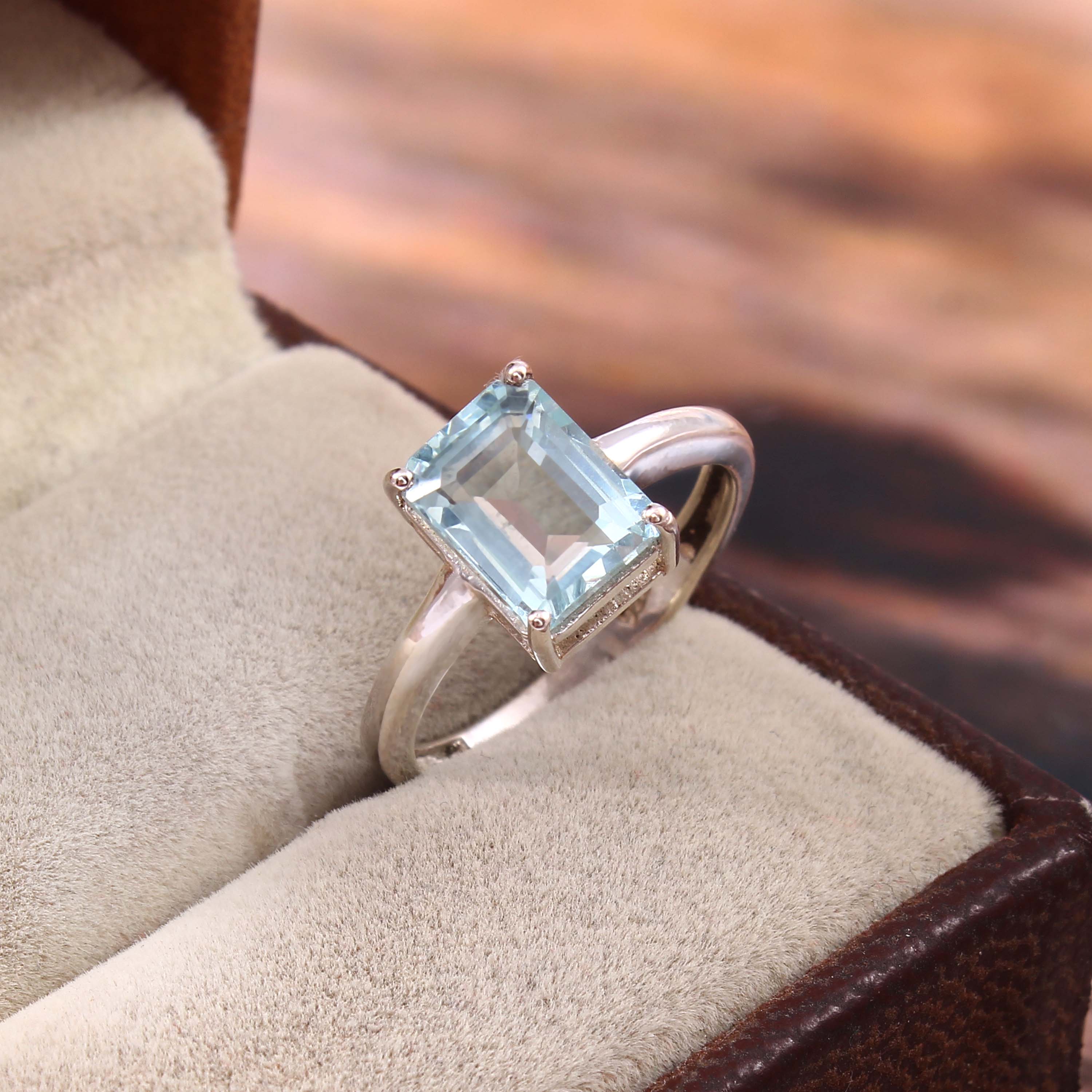 Natural Blue Aquamarine Prong Set Gemstone Ring