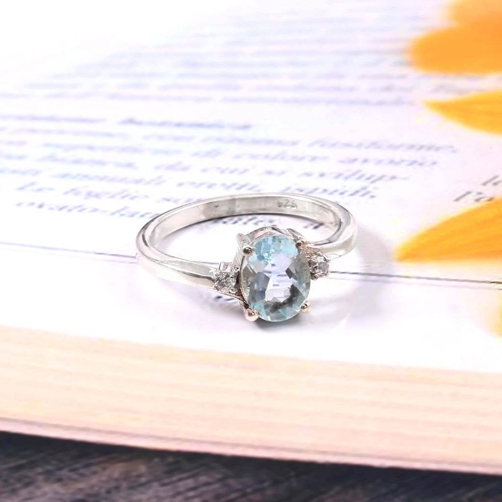 Natural Blue Aquamarine Prong Set Gemstone Ring
