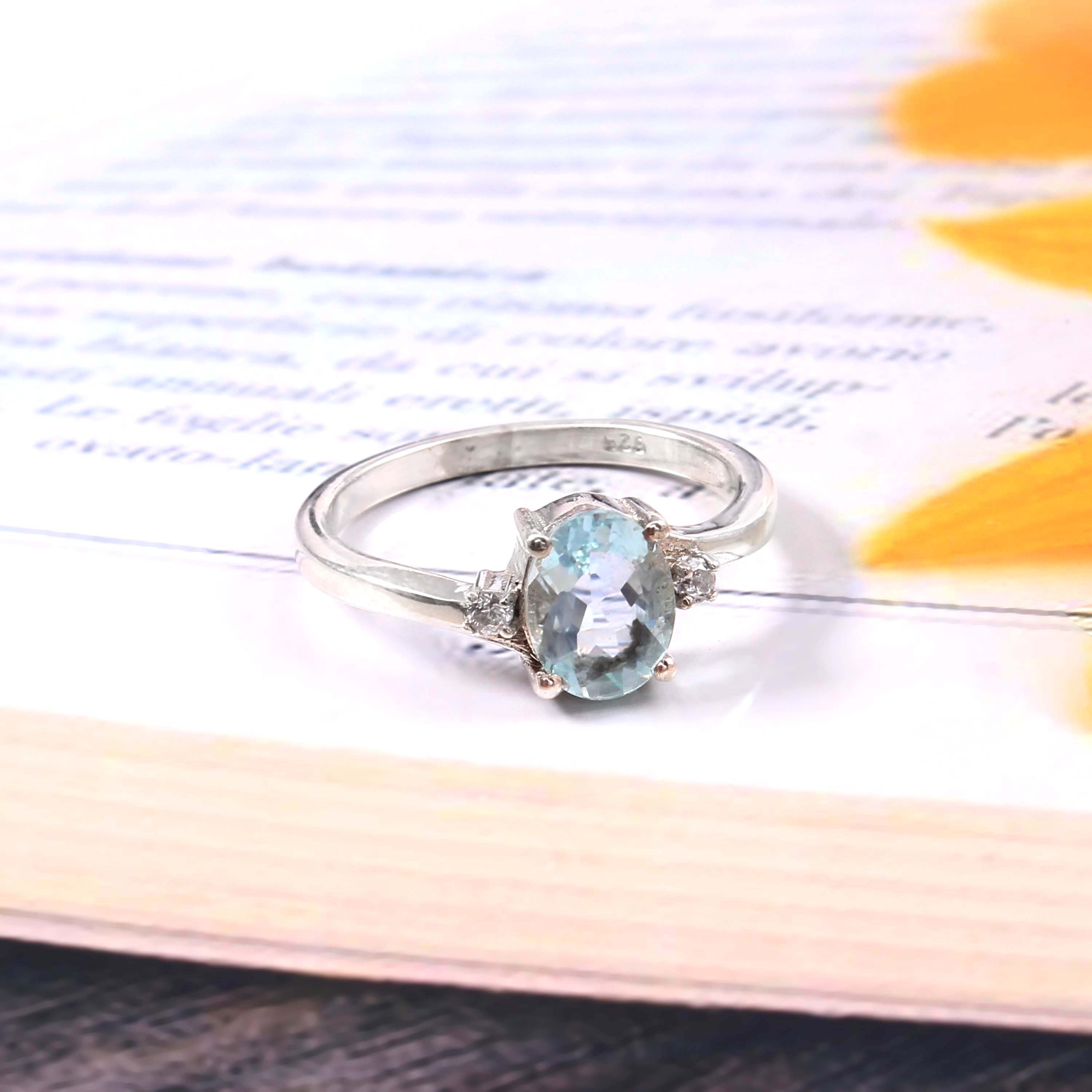 Natural Blue Aquamarine Prong Set Gemstone Ring