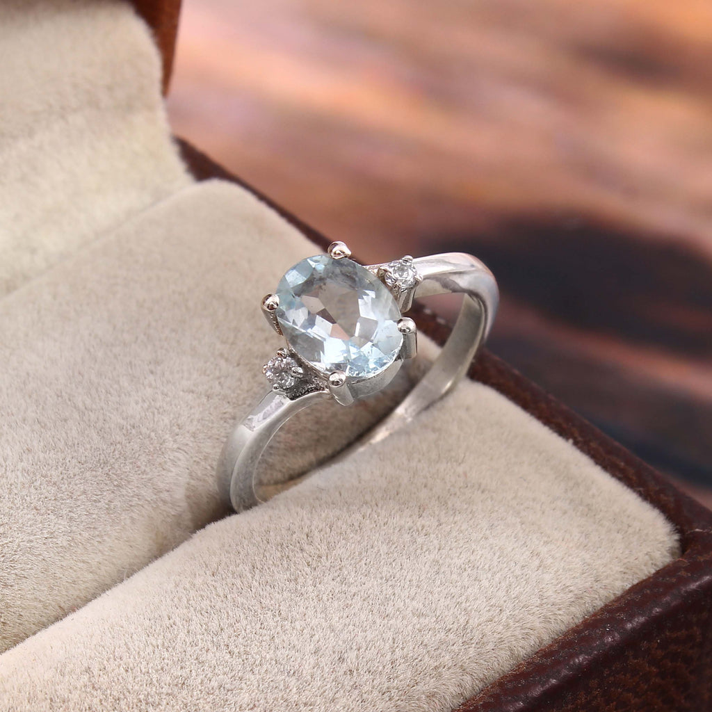 Natural Blue Aquamarine Prong Set Gemstone Ring
