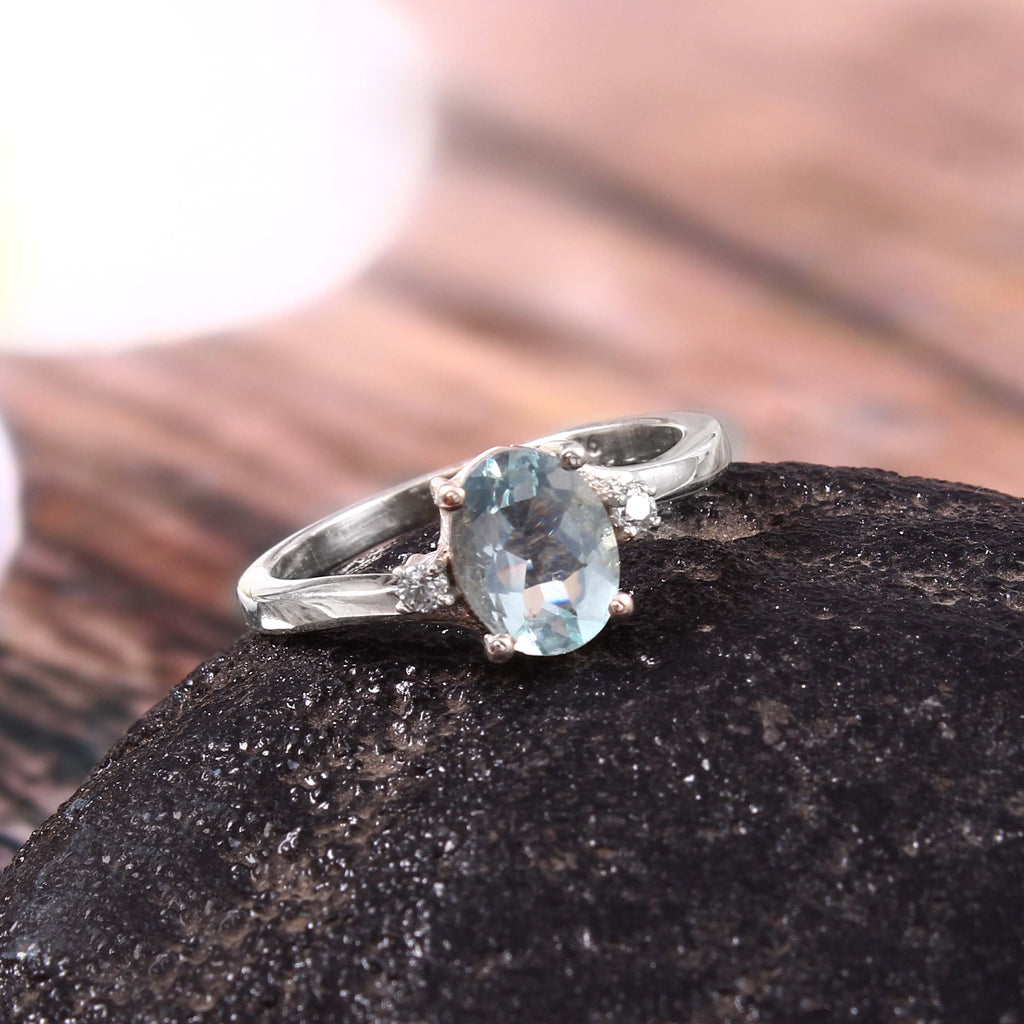 Natural Blue Aquamarine Prong Set Gemstone Ring