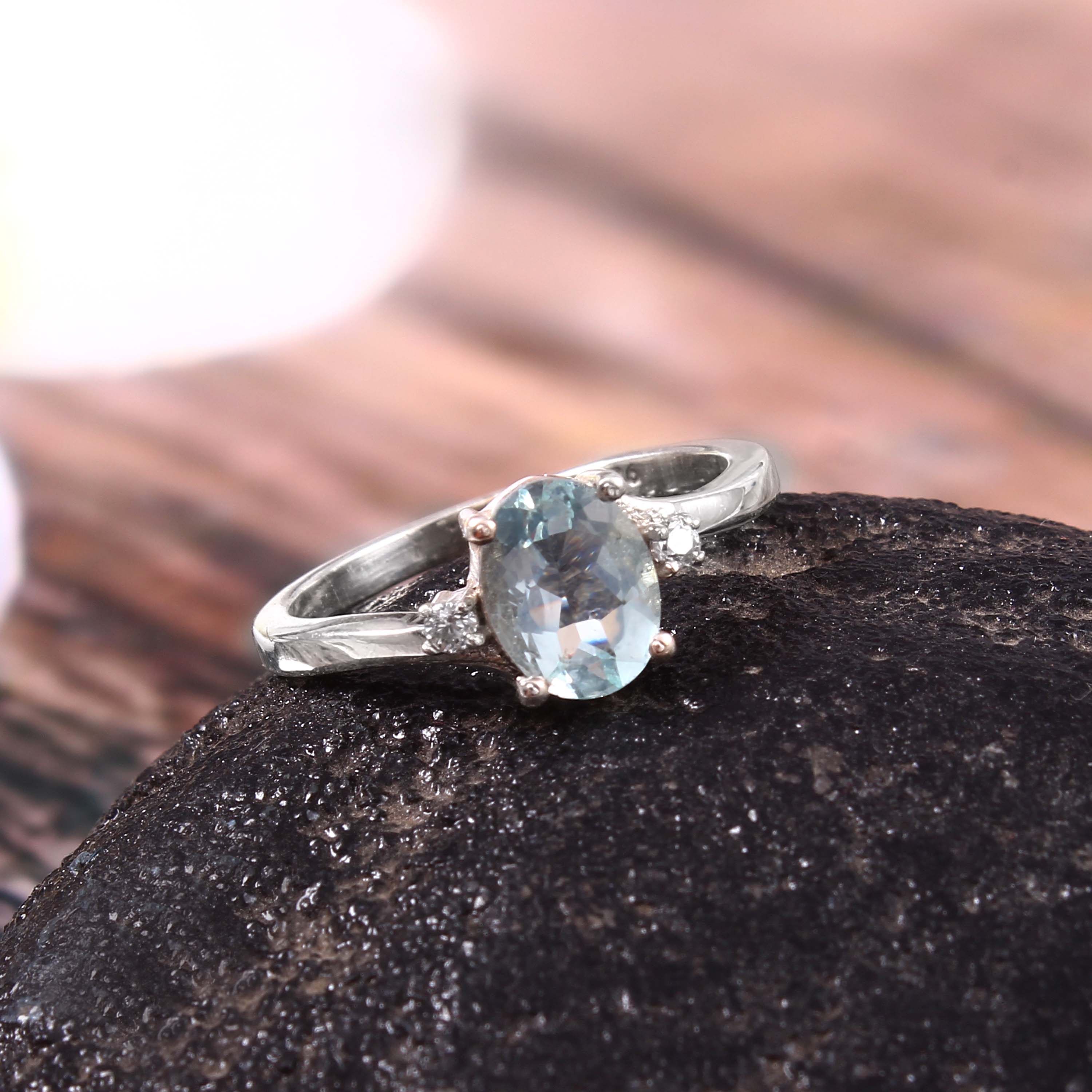 Natural Blue Aquamarine Prong Set Gemstone Ring