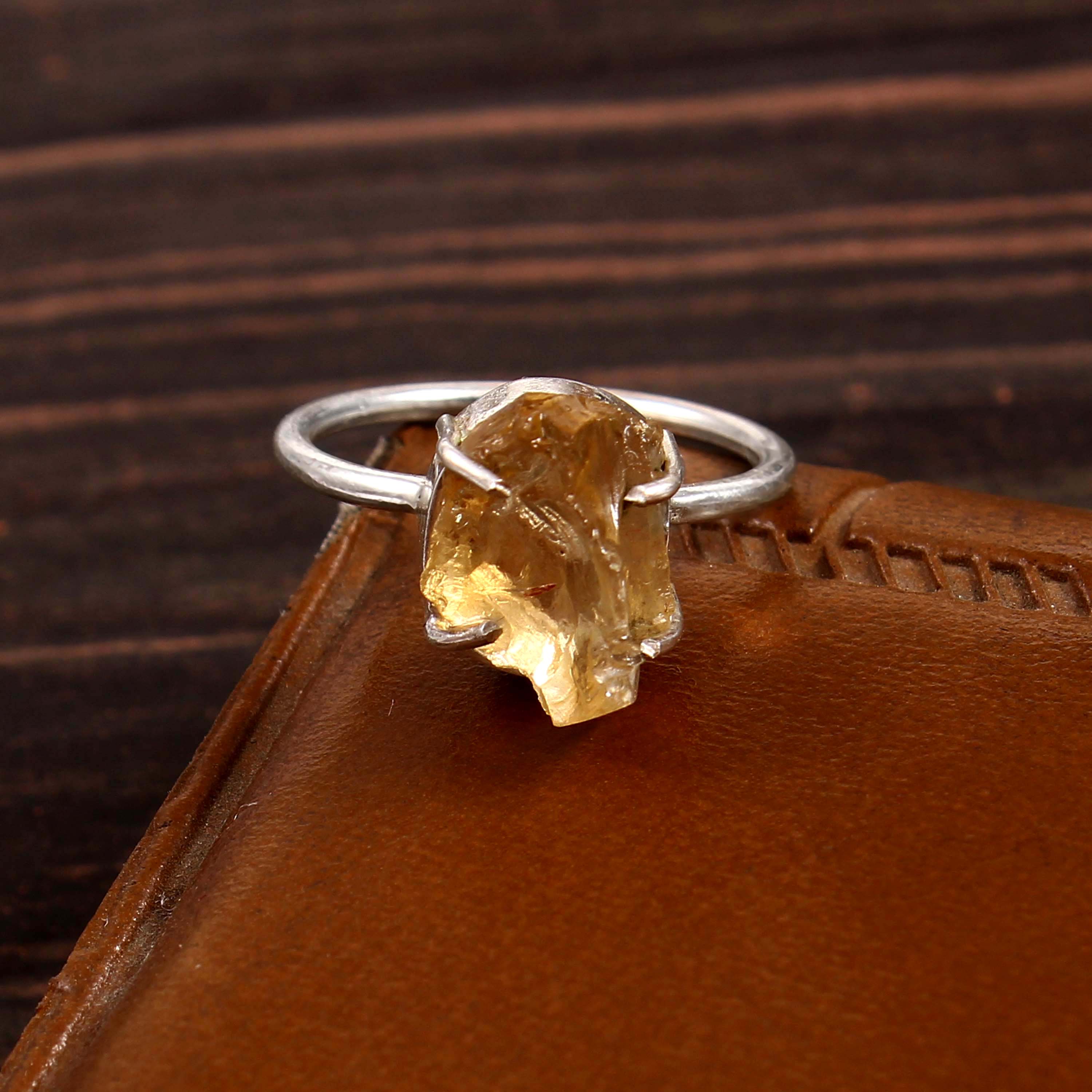 Natural Golden Citrine Free Size Rough Gemstone Ring