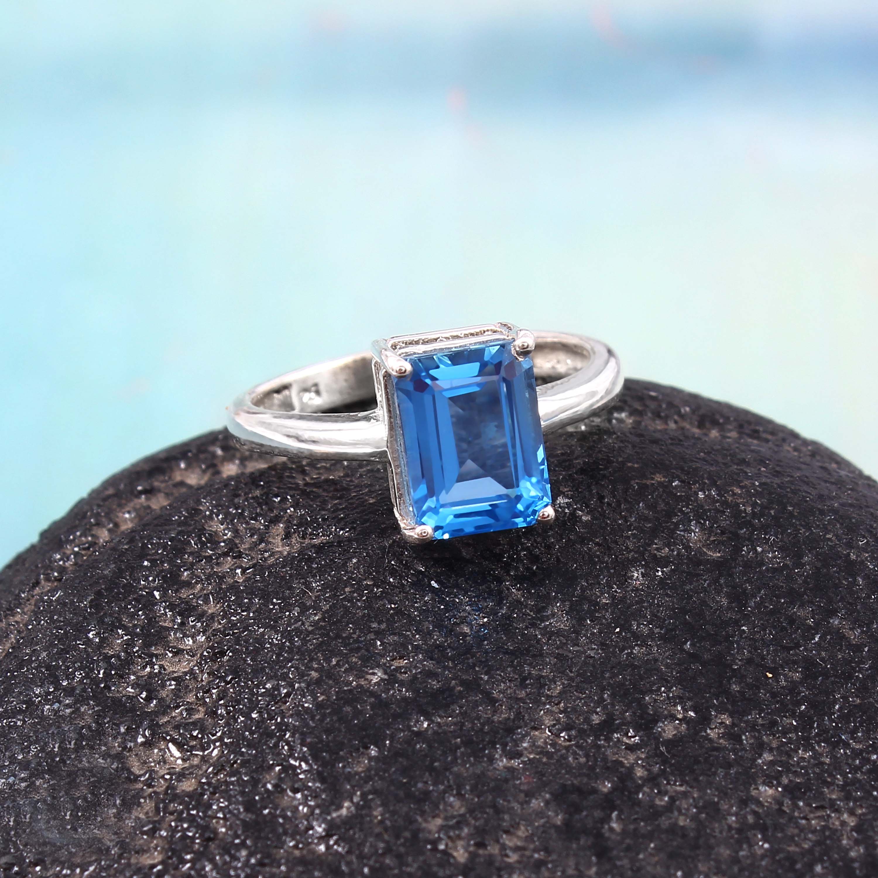Natural Sky Blue Topaz Octagon Cut Prong Set Gemstone Ring