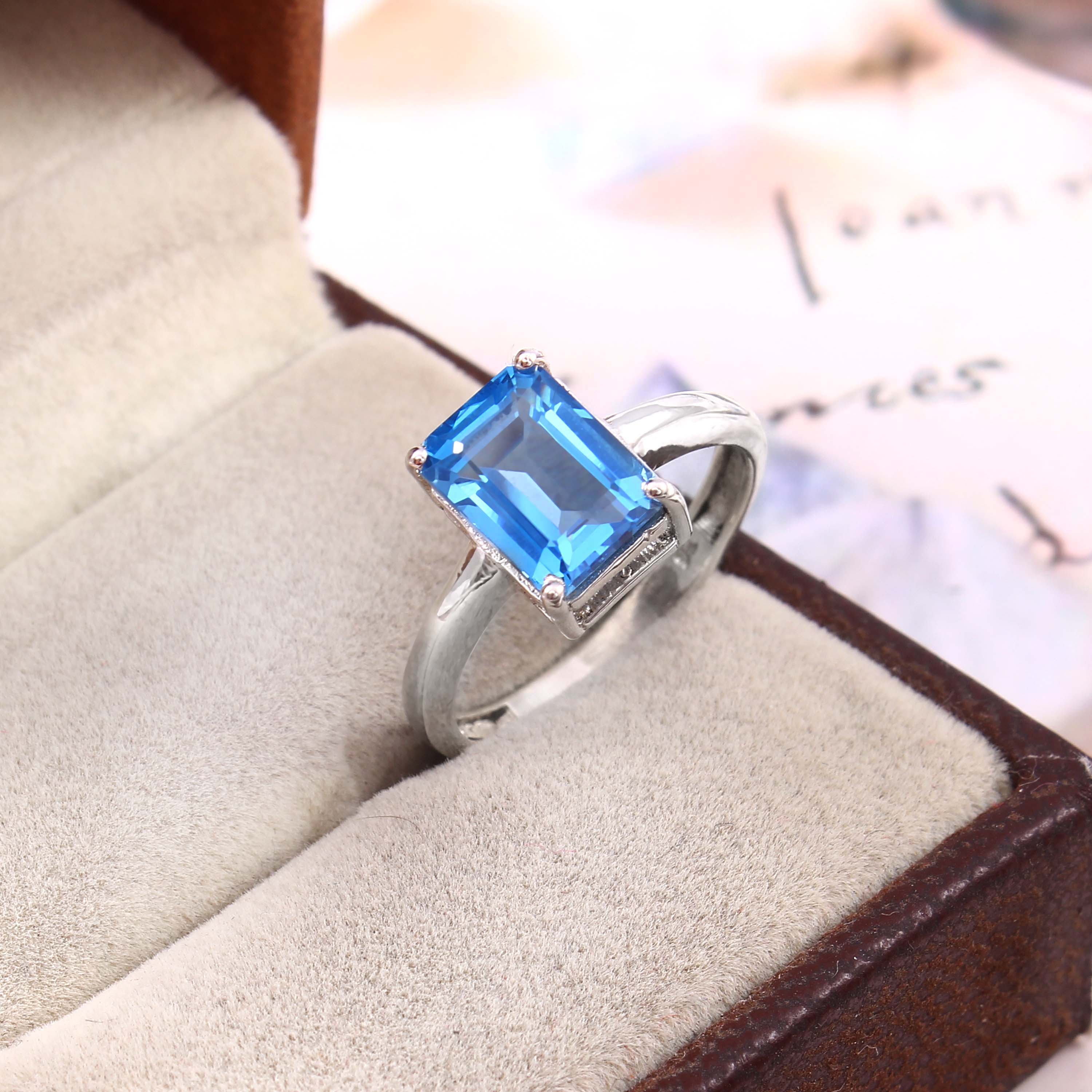 Natural Sky Blue Topaz Octagon Cut Prong Set Gemstone Ring