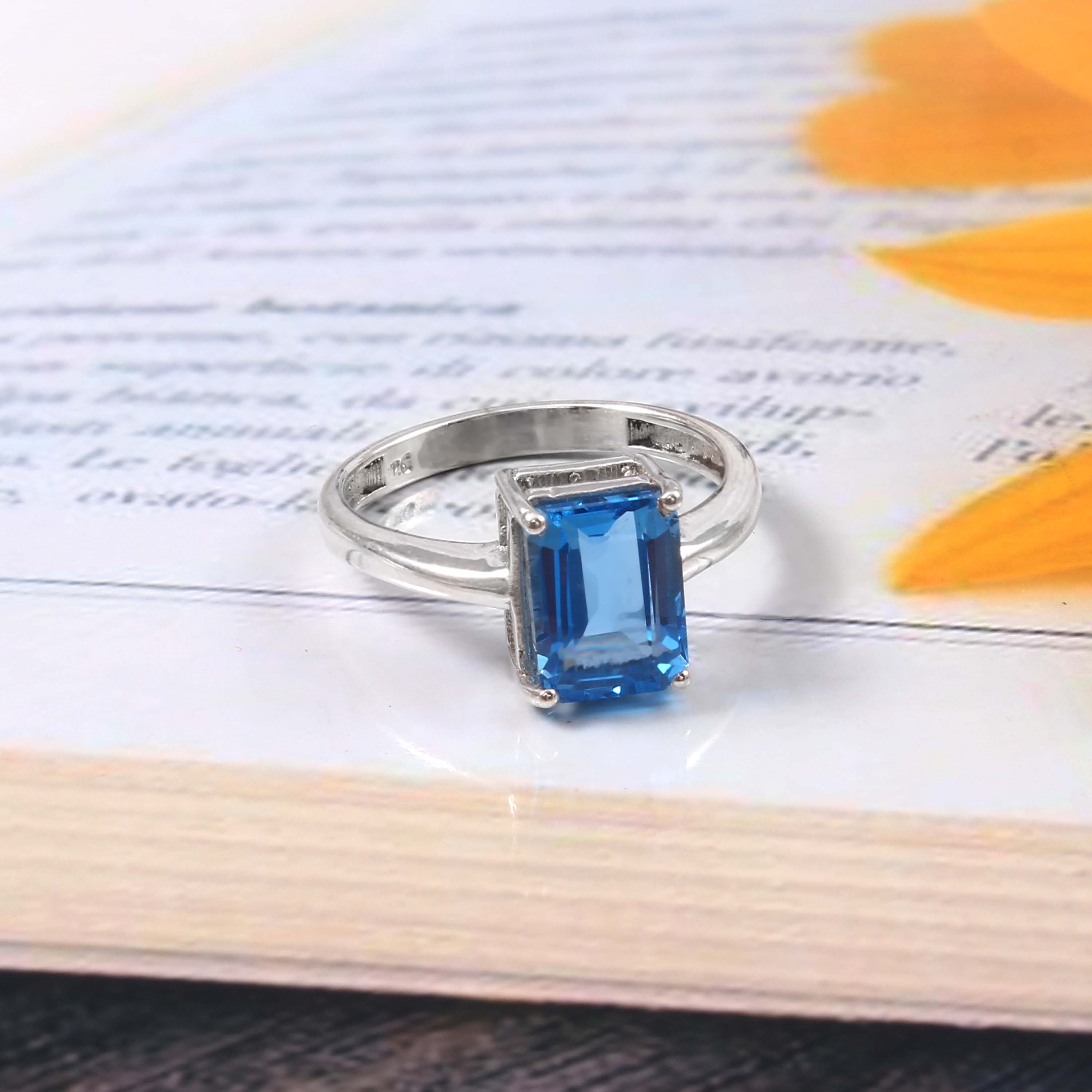 Natural Sky Blue Topaz Octagon Cut Prong Set Gemstone Ring