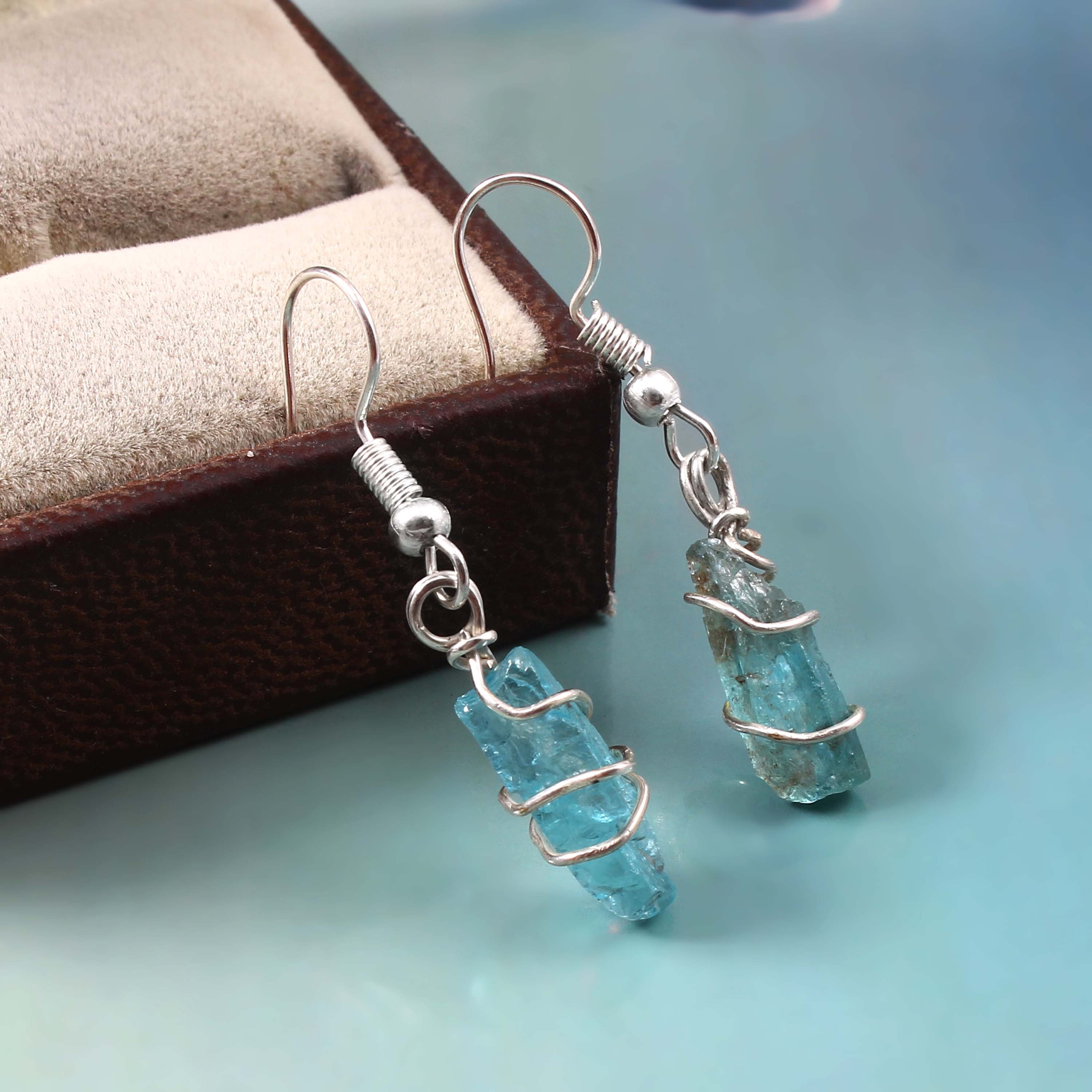 Natural Blue Aquamarine Gemstone Earrings