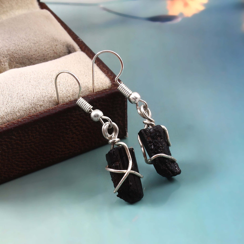 Natural Black Tourmaline Gemstone Earrings