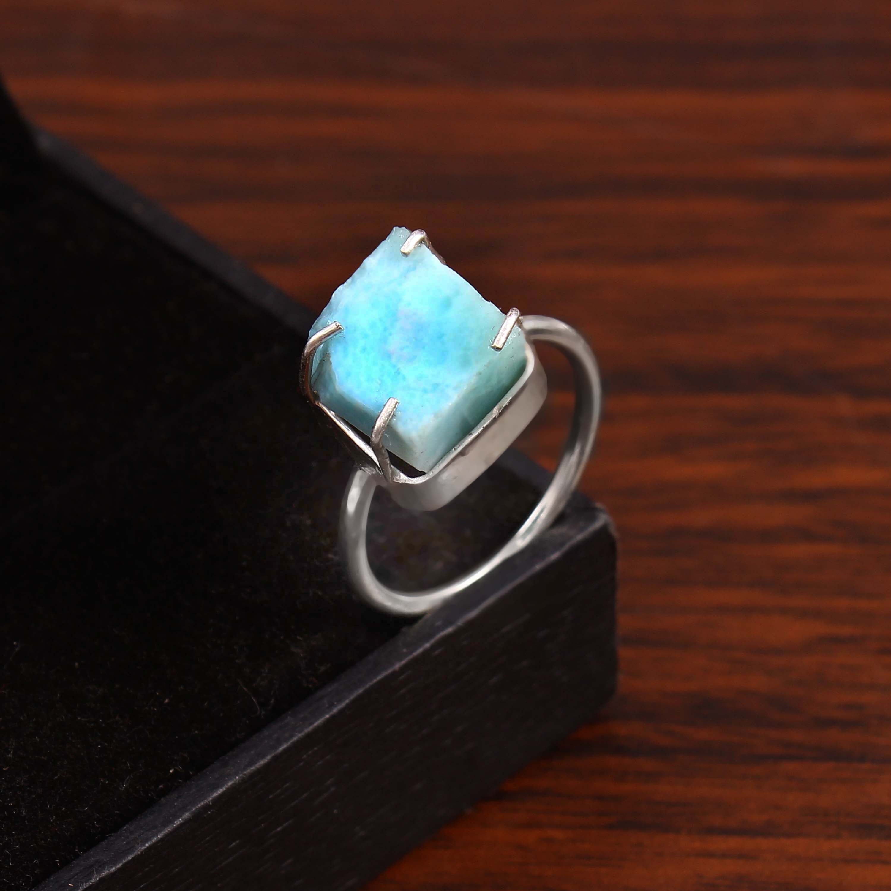 Natural Blue Turquoise Free Size Rough Gemstone Ring