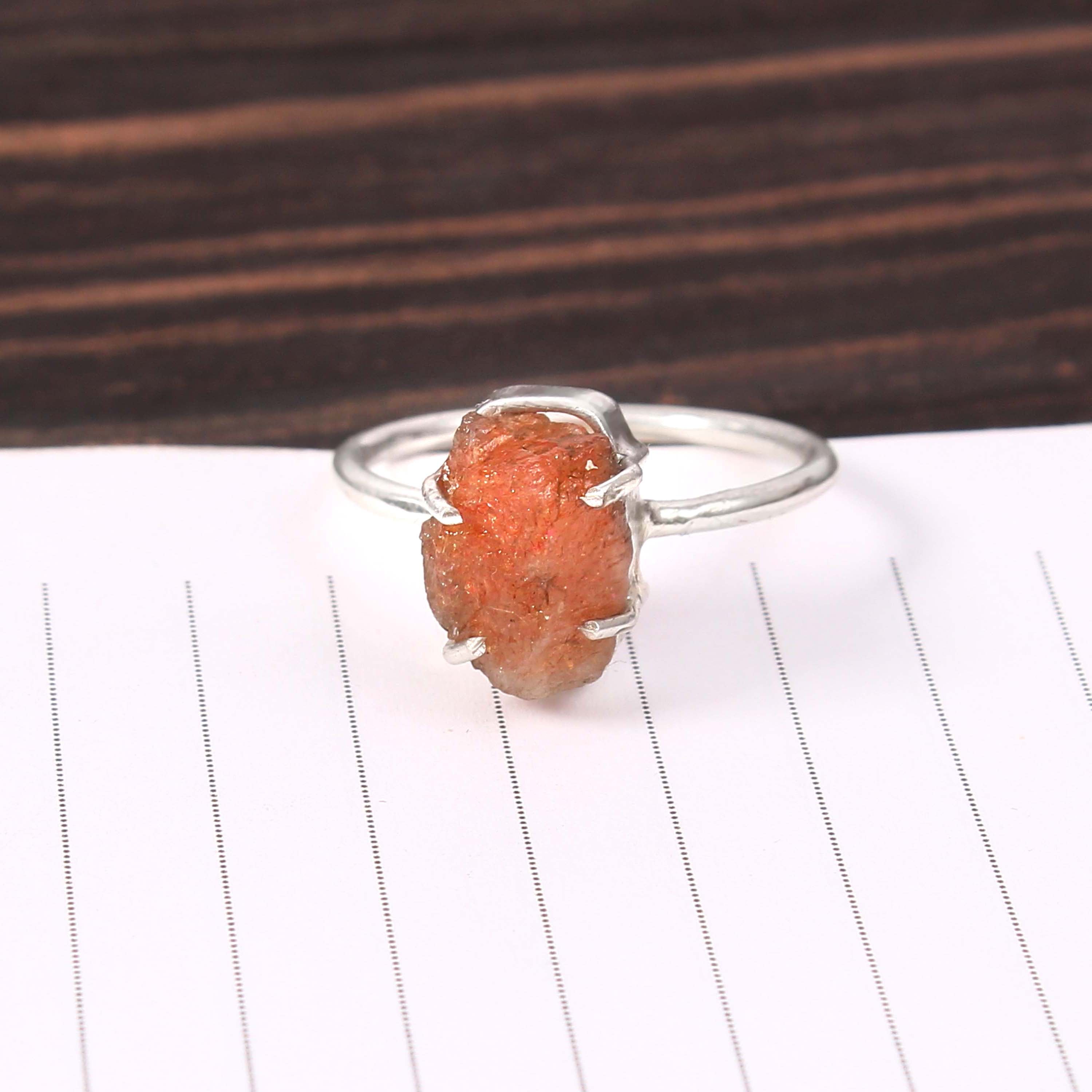 Natural Red Sunstone Free Size Rough Gemstone Ring
