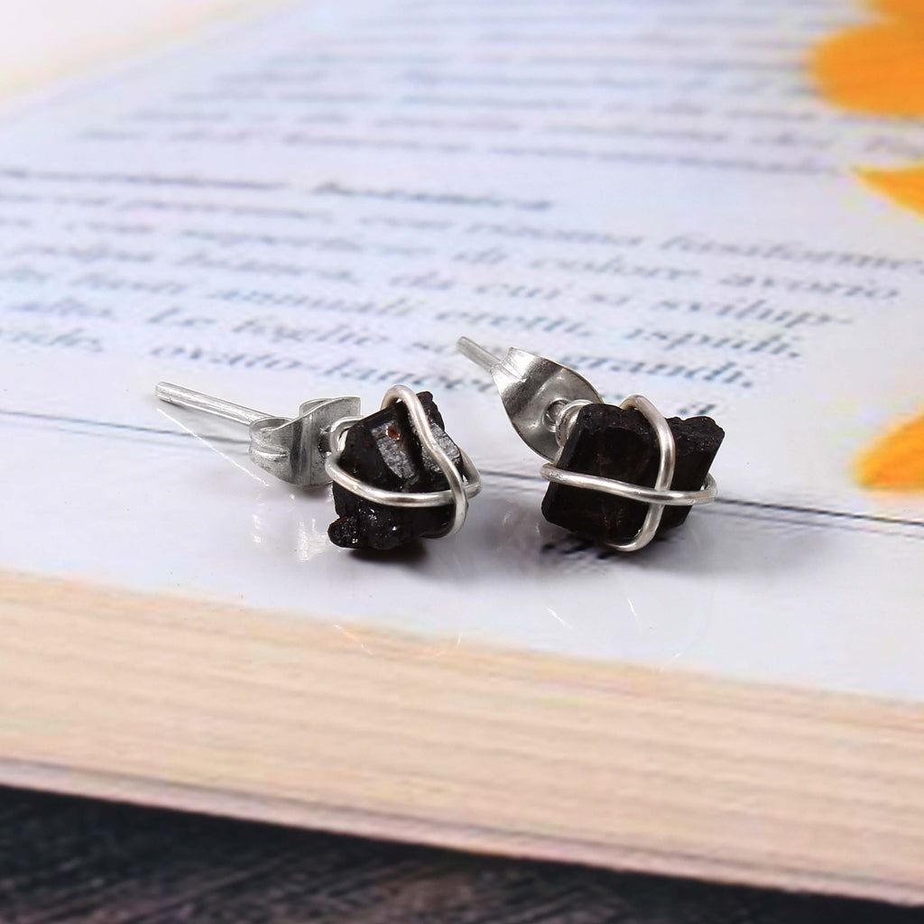 Natural Red Garnet Rough Gemstone Stud Earrings