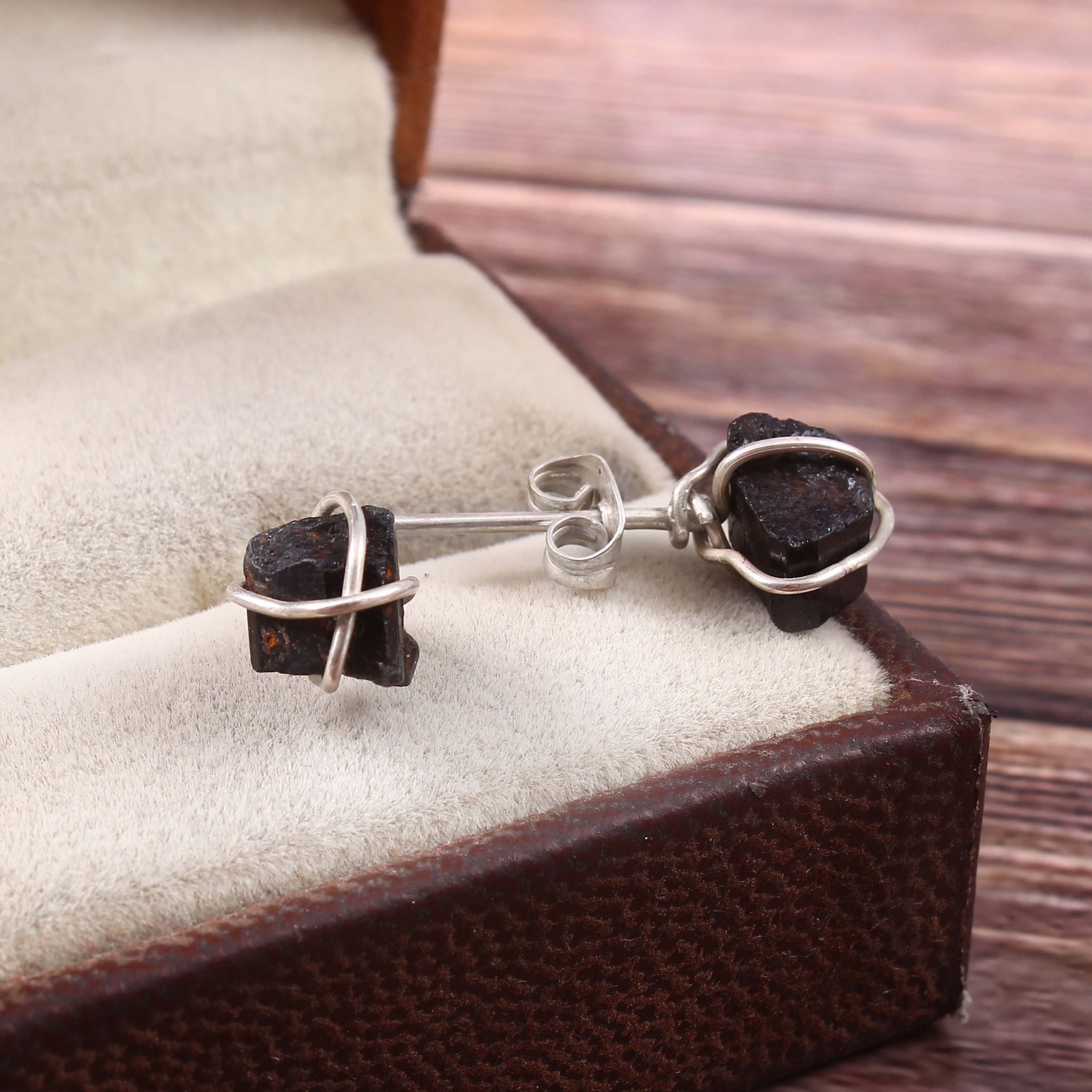 Natural Red Garnet Rough Gemstone Stud Earrings