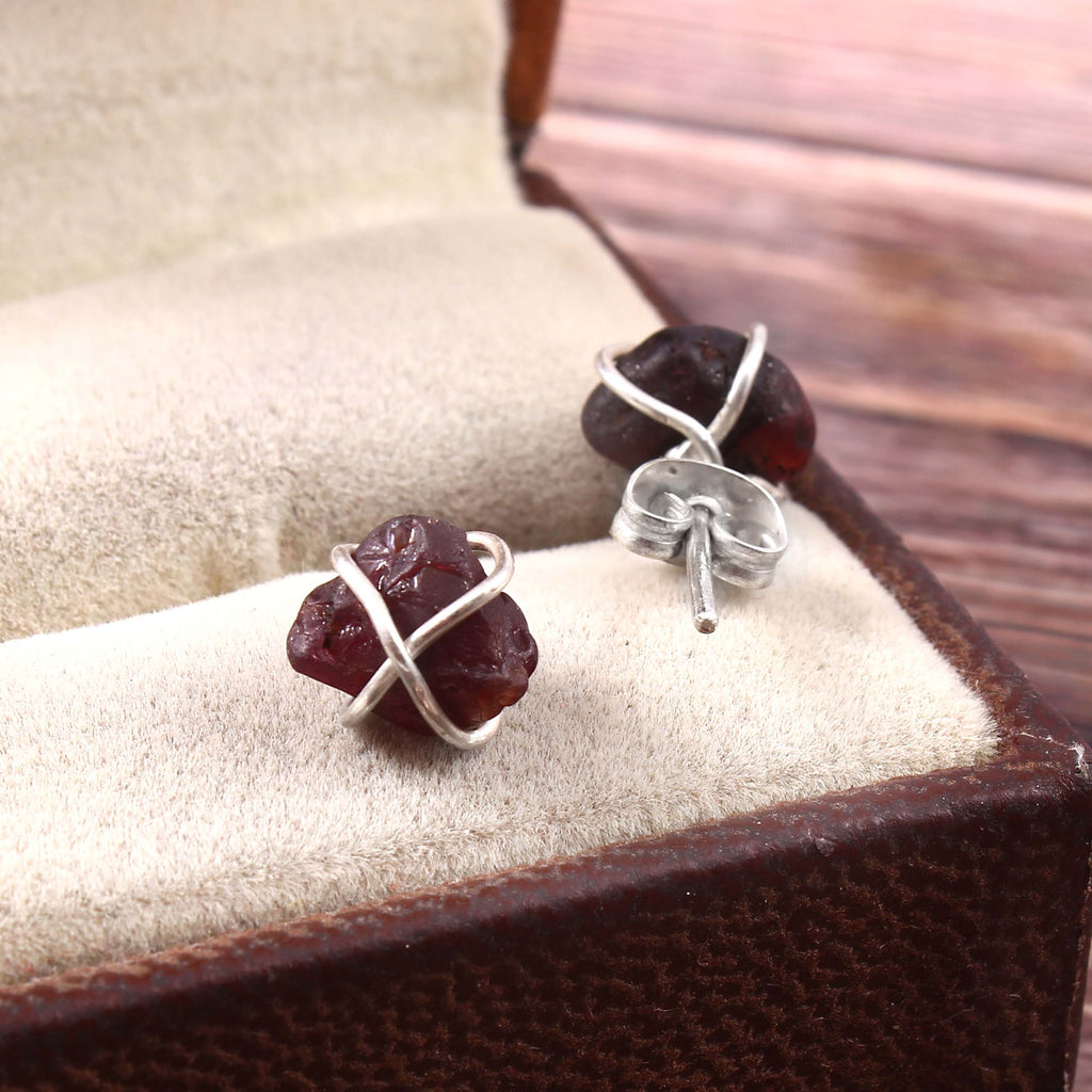 Natural Rhodolite Garnet Rough Gemstone Stud Earrings