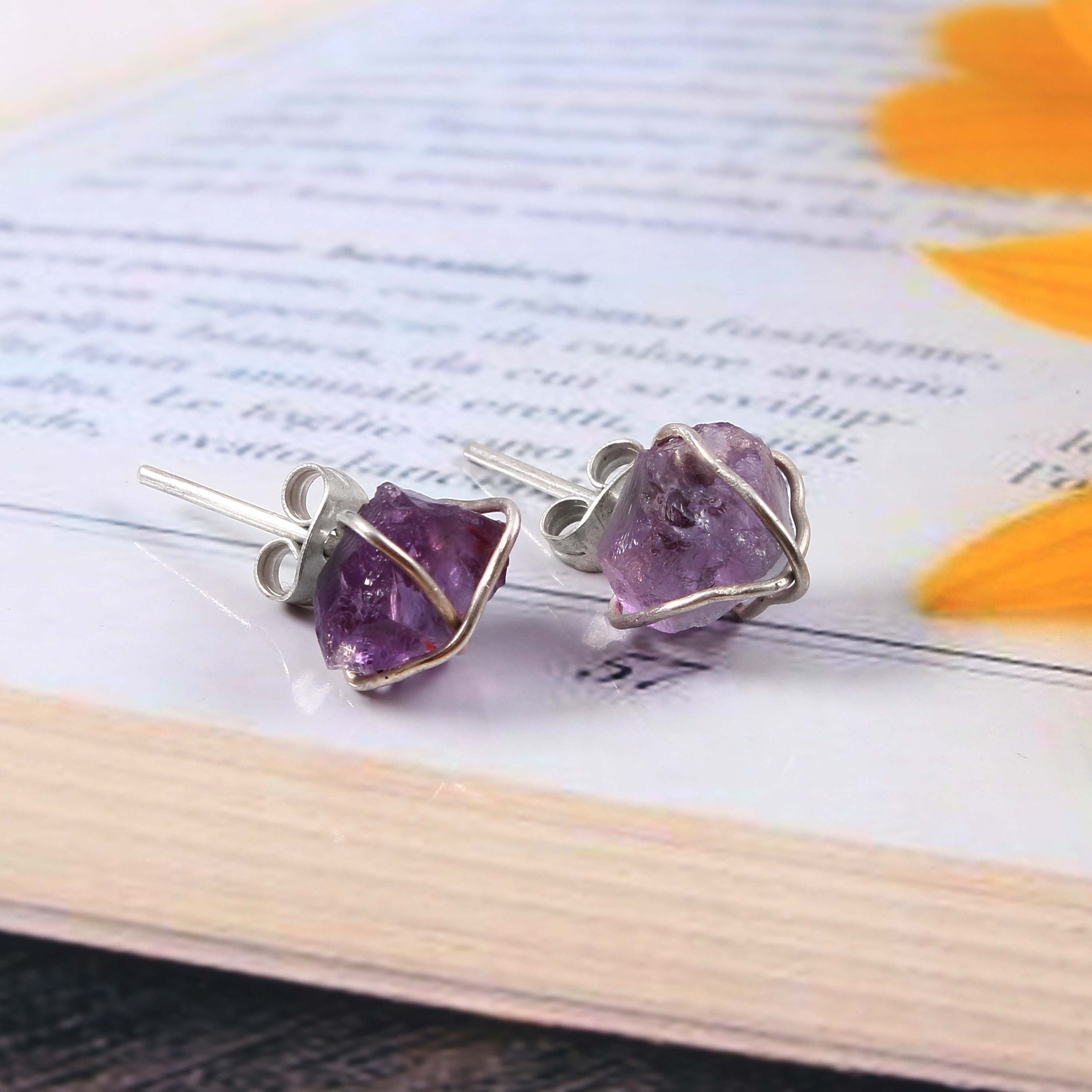 Natural Purple Amethyst Rough Gemstone Stud Earrings